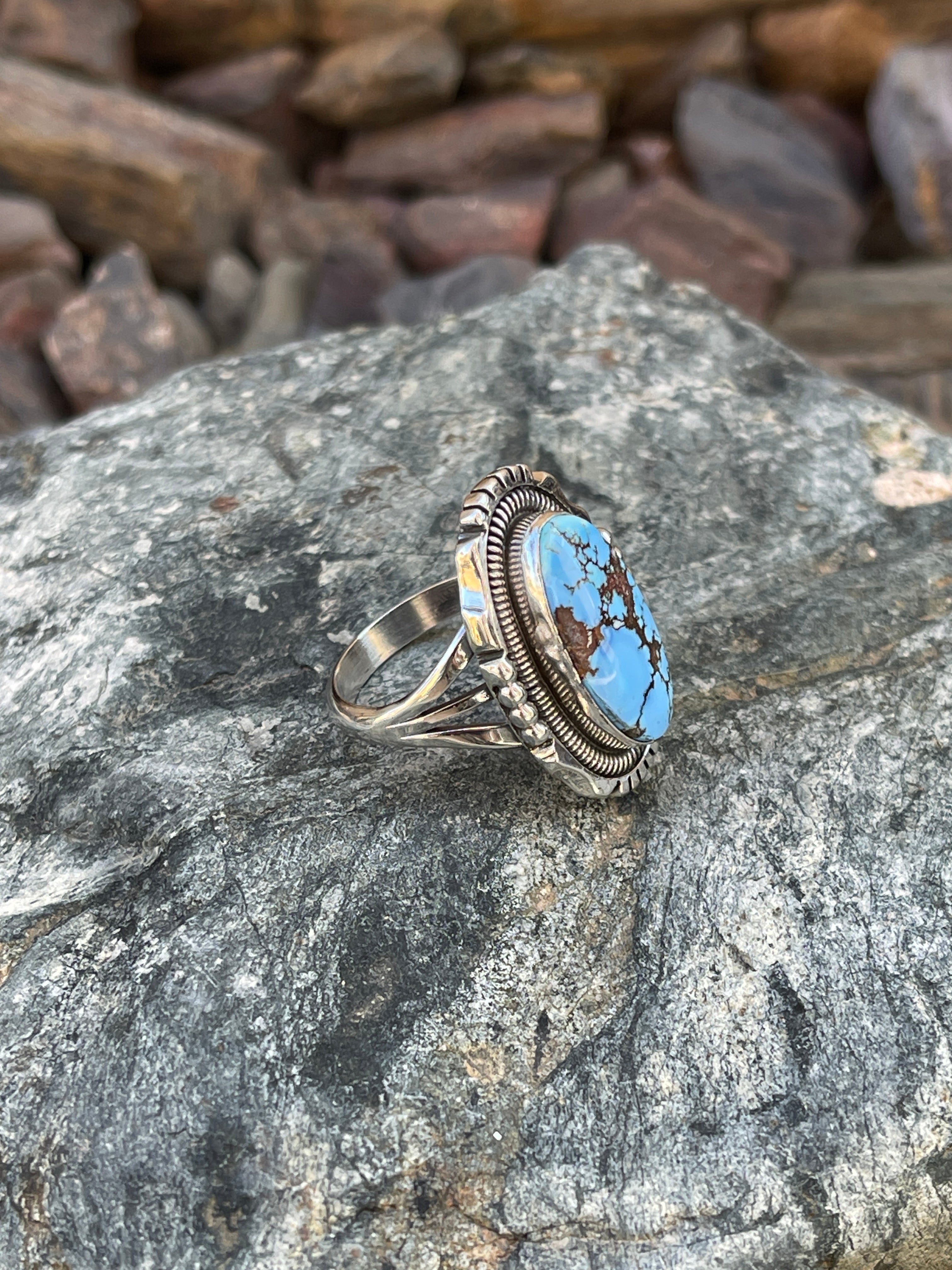 Solid Sterling Silver Blue Golden Hill Turquoise Ring with Coil Detail- Size 8 1/2