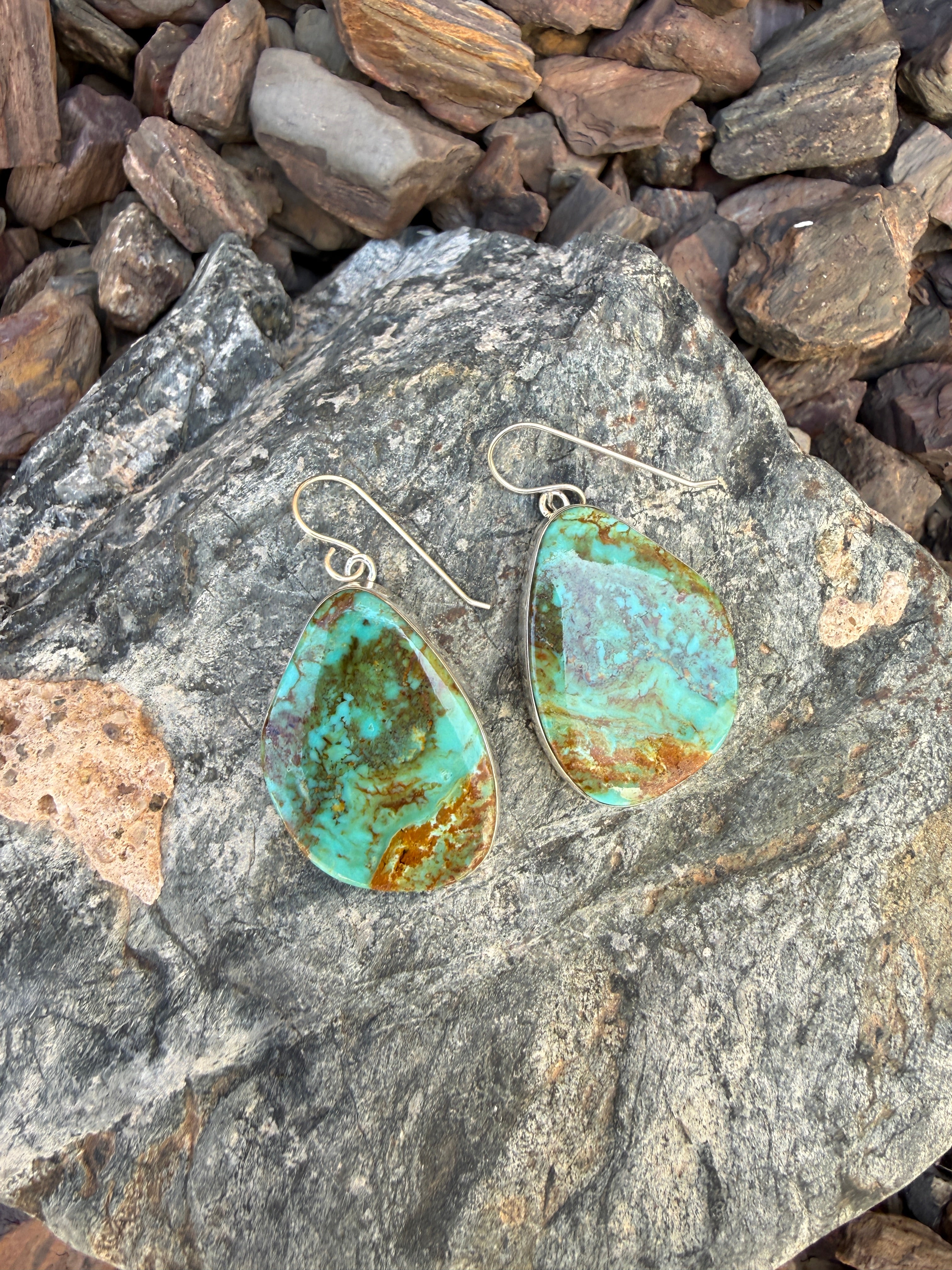 Large Handmade Sterling Silver Kingman Turquoise Earrings with Plain Bezel Trim