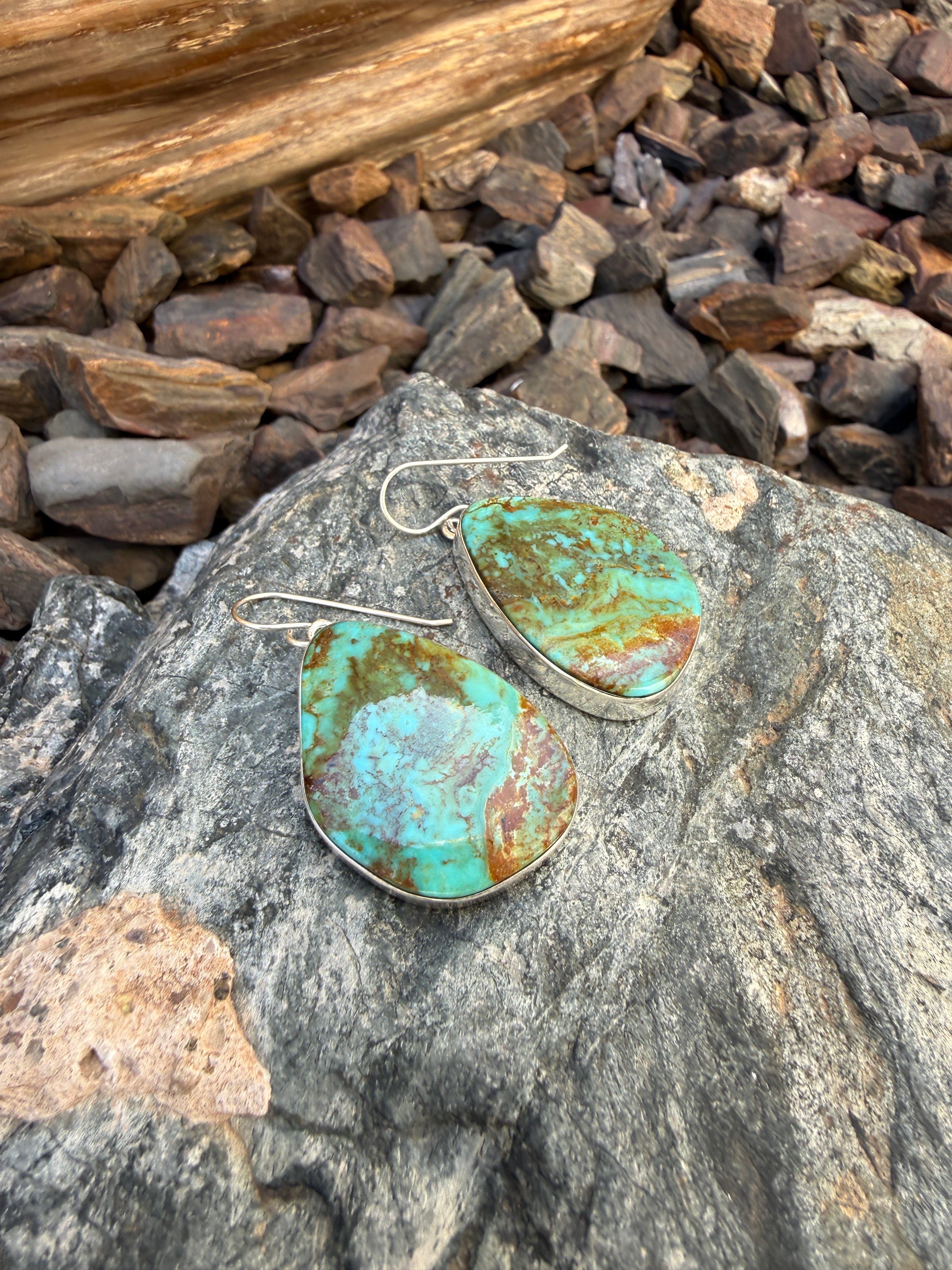 Large Handmade Sterling Silver Kingman Turquoise Earrings with Plain Bezel Trim