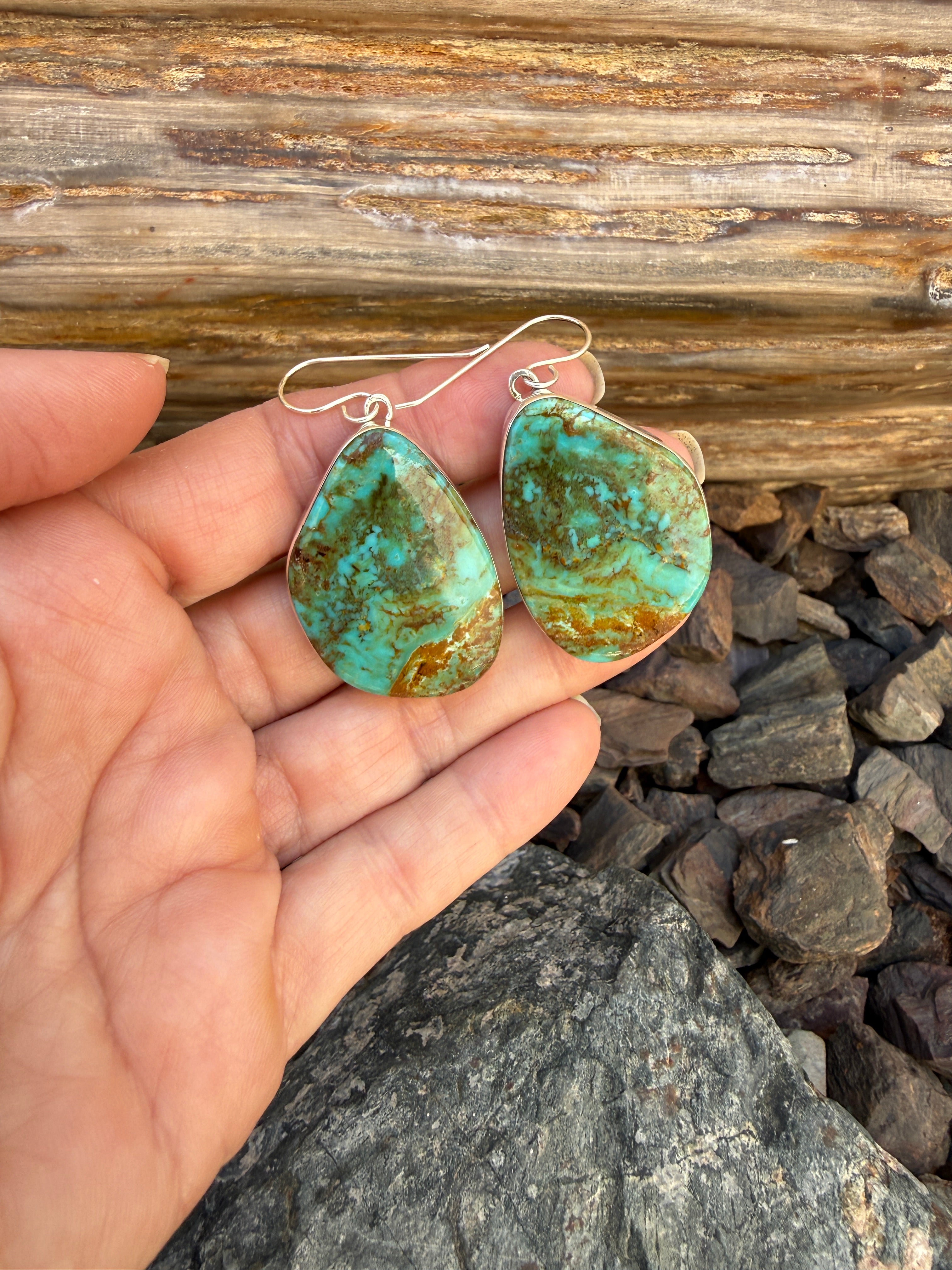 Large Handmade Sterling Silver Kingman Turquoise Earrings with Plain Bezel Trim