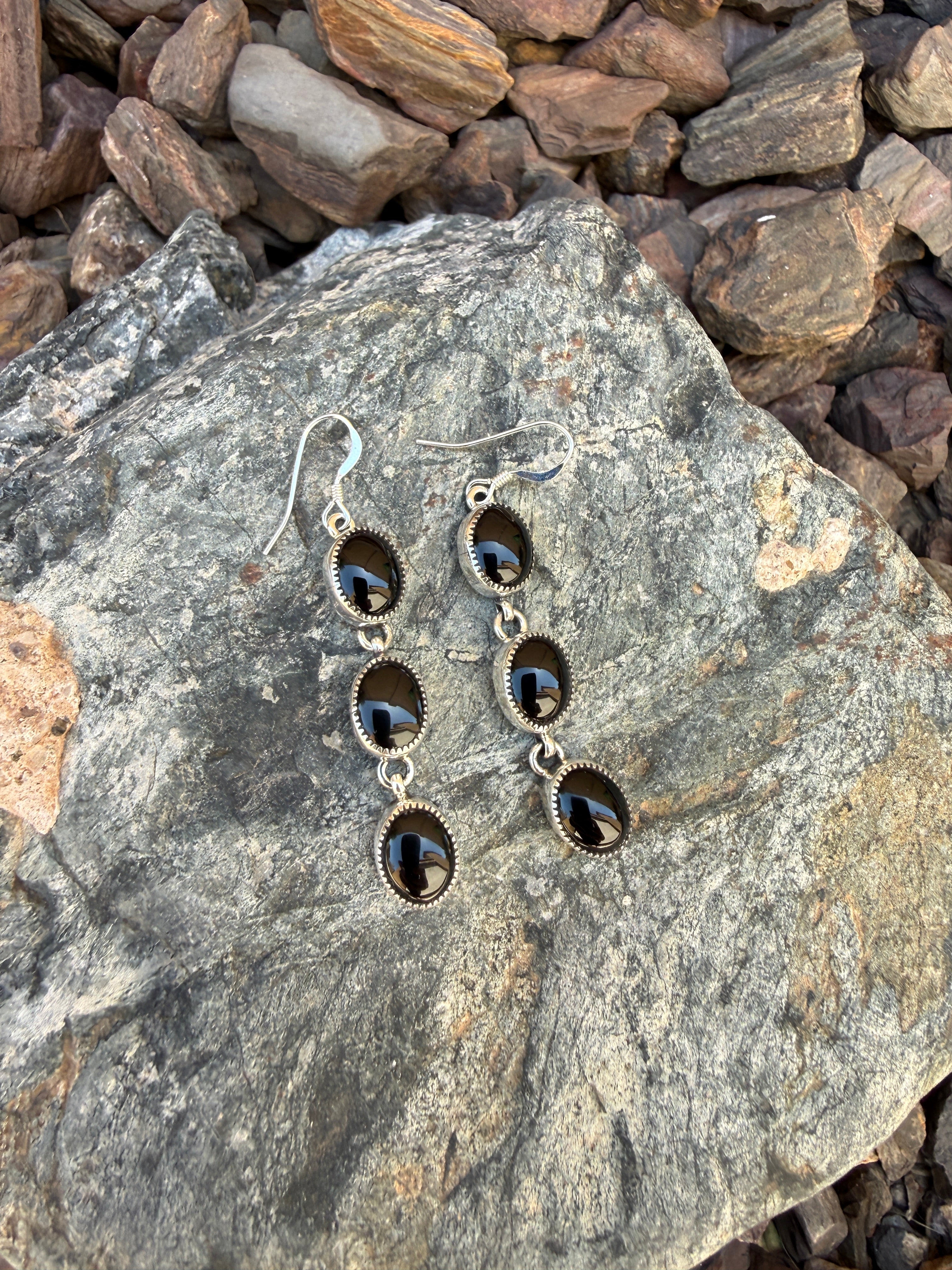 Handmade Sterling Silver Three Stone Black Onyx Earrings