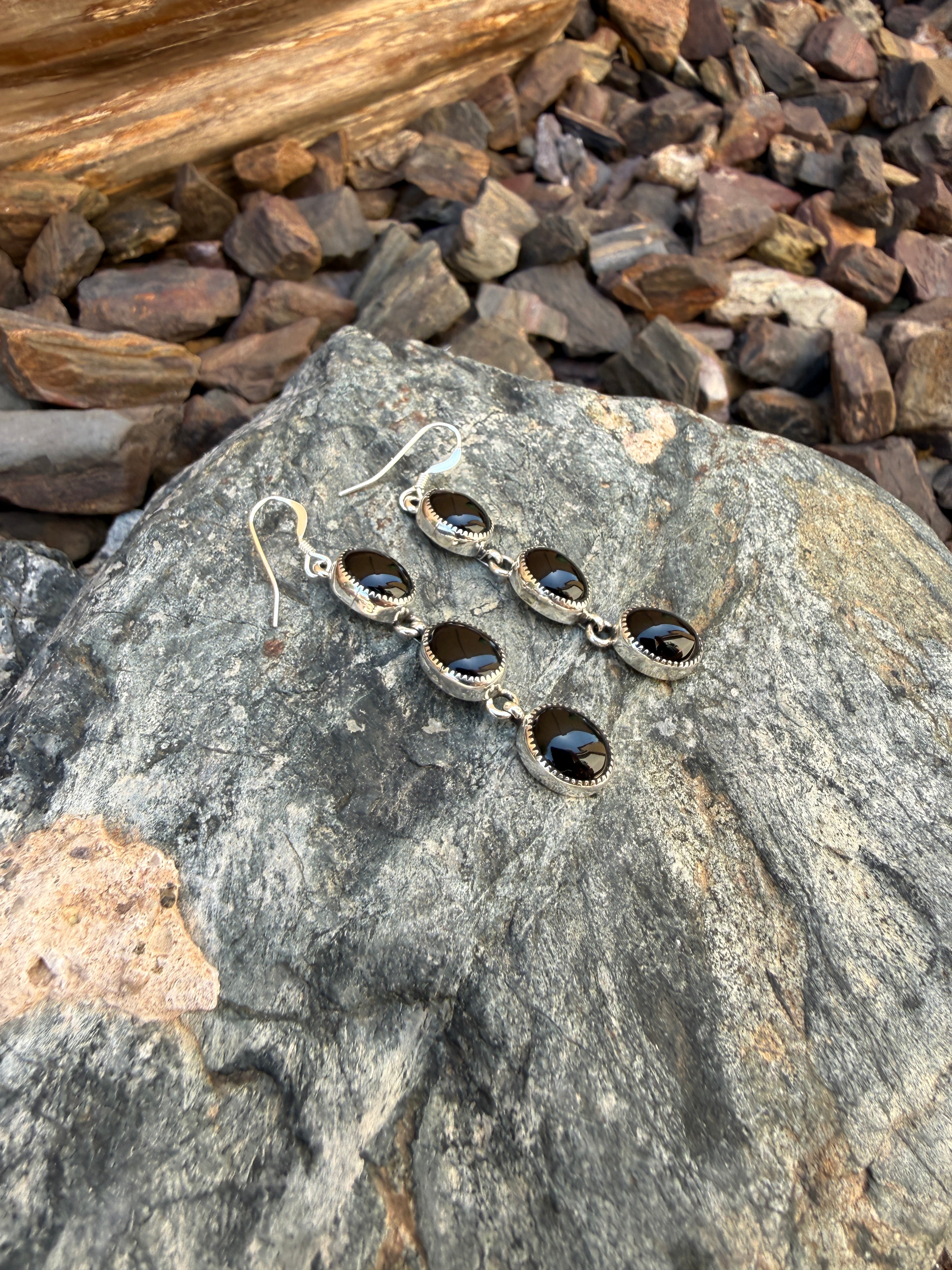 Handmade Sterling Silver Three Stone Black Onyx Earrings