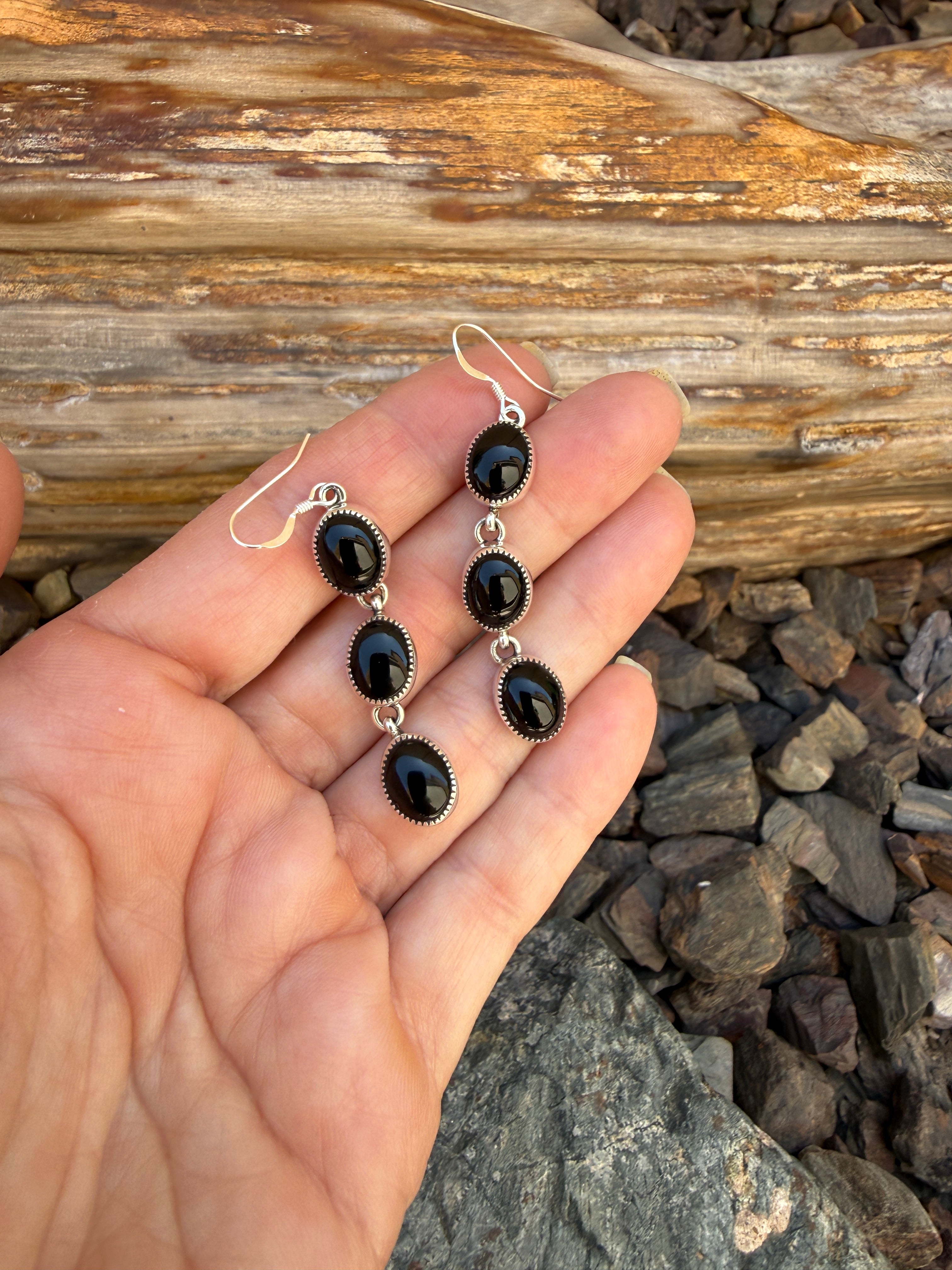 Handmade Sterling Silver Three Stone Black Onyx Earrings