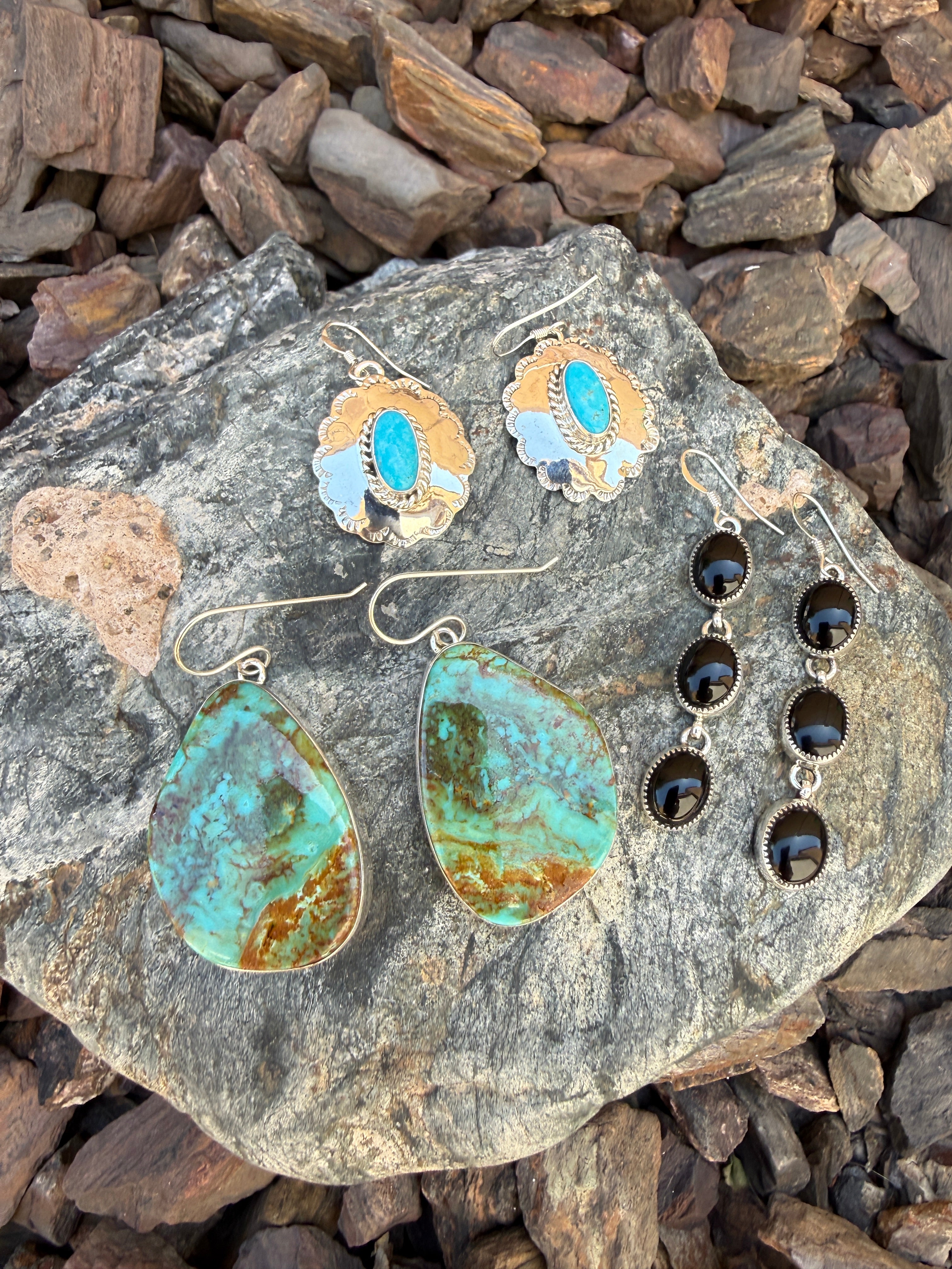 Large Handmade Sterling Silver Kingman Turquoise Earrings with Plain Bezel Trim