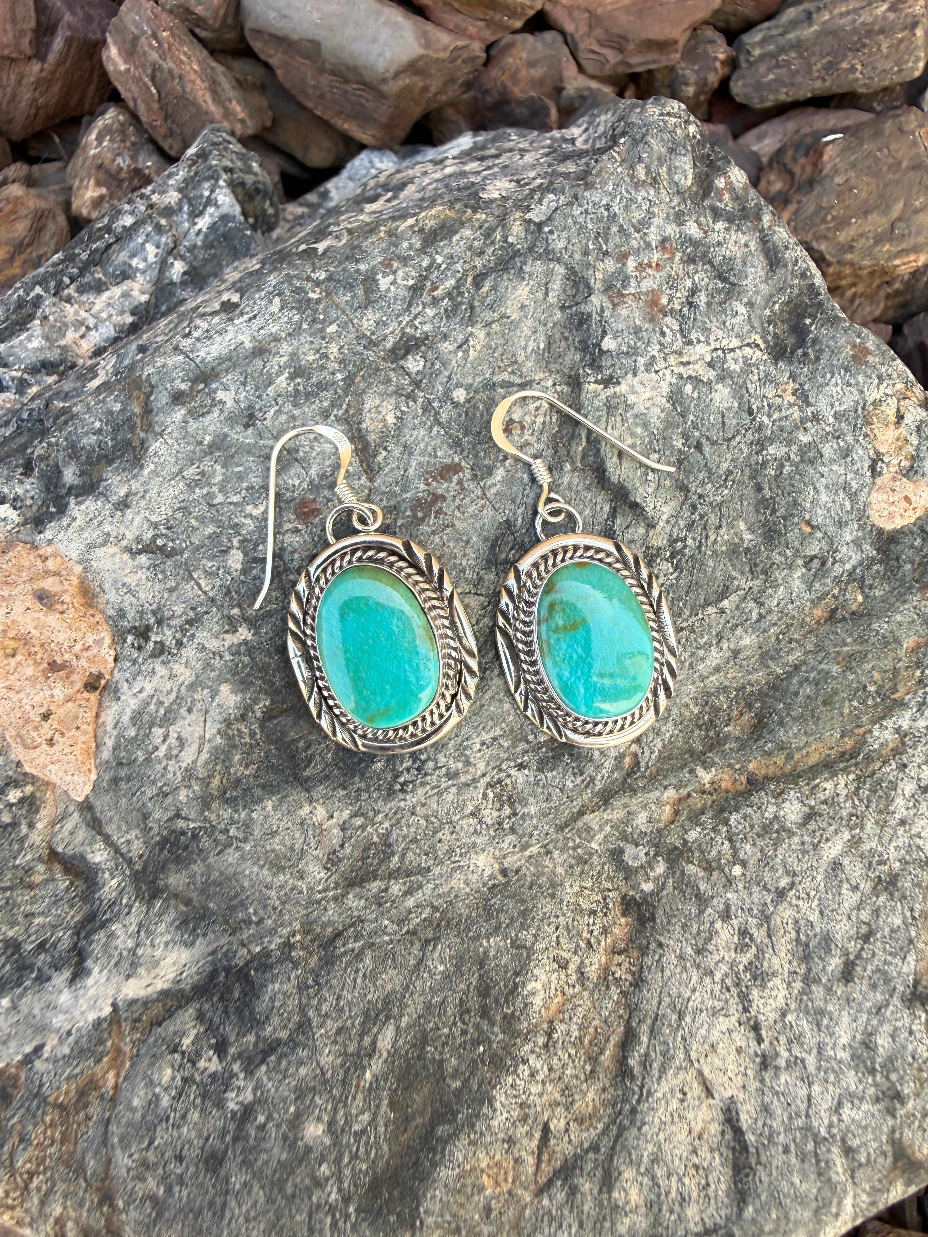 Handmade Sterling Silver Kingman Turquoise Earrings with Stamp Trim