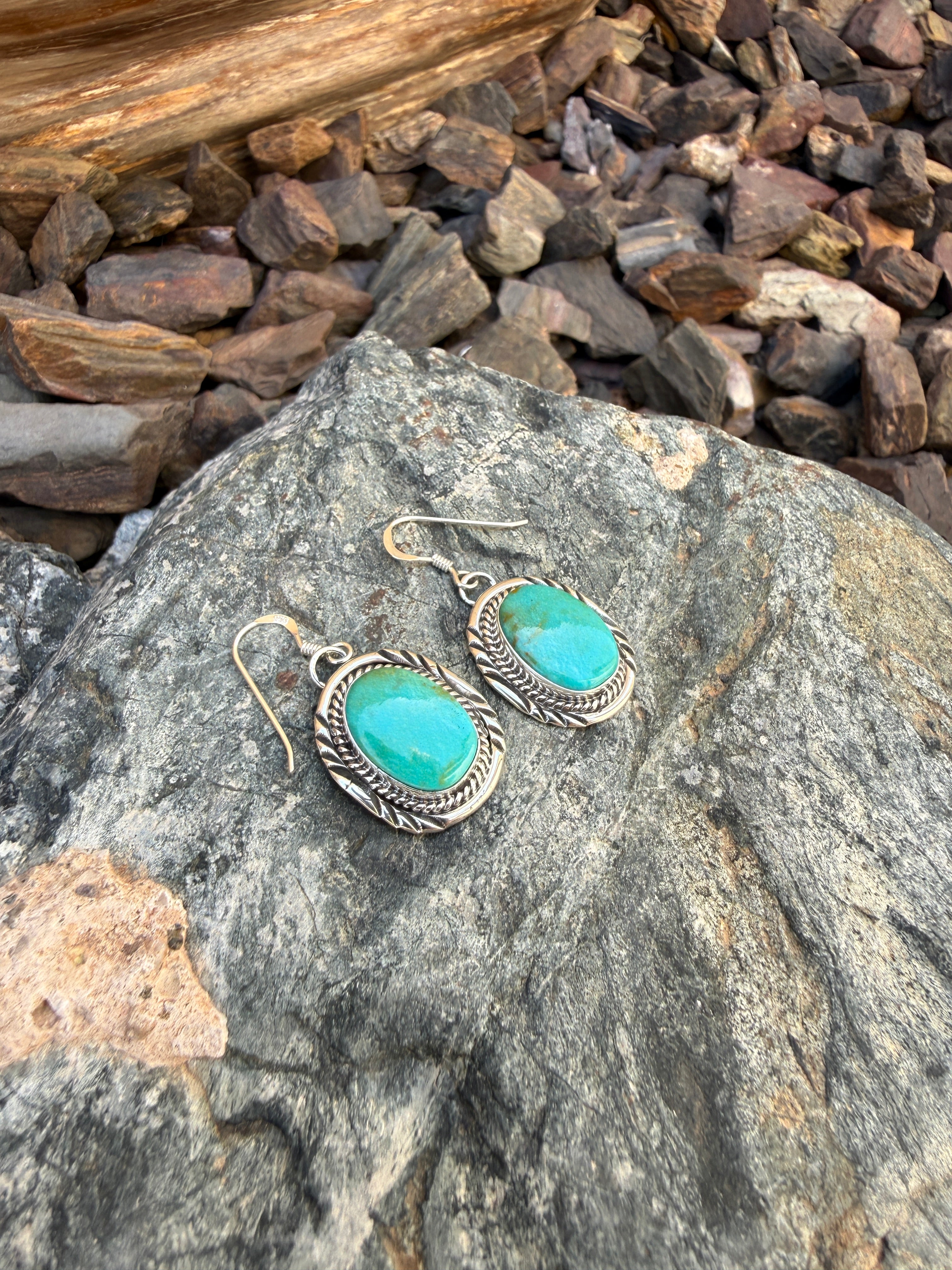 Handmade Sterling Silver Kingman Turquoise Earrings with Stamp Trim
