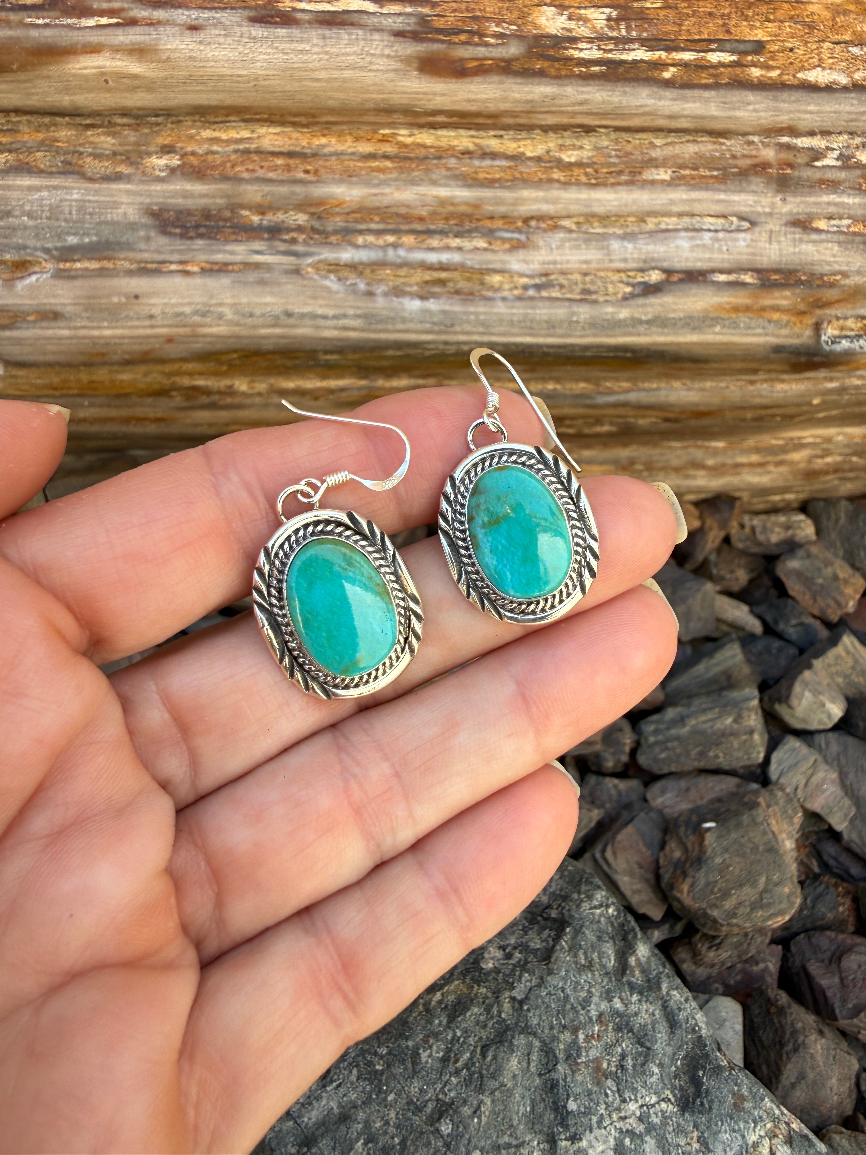 Handmade Sterling Silver Kingman Turquoise Earrings with Stamp Trim