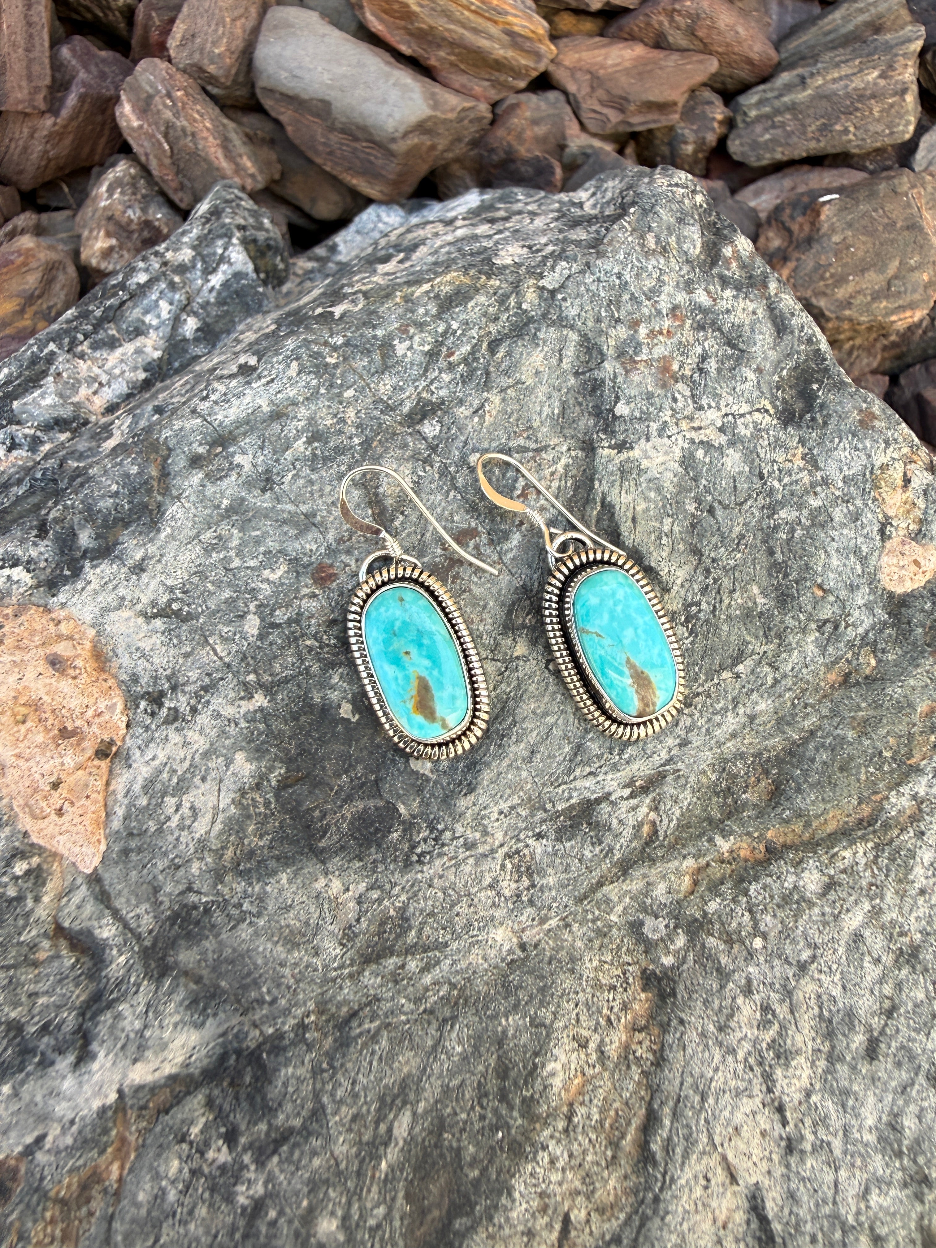 Handmade Sterling Silver Kingman Turquoise Earrings with Coil Detail