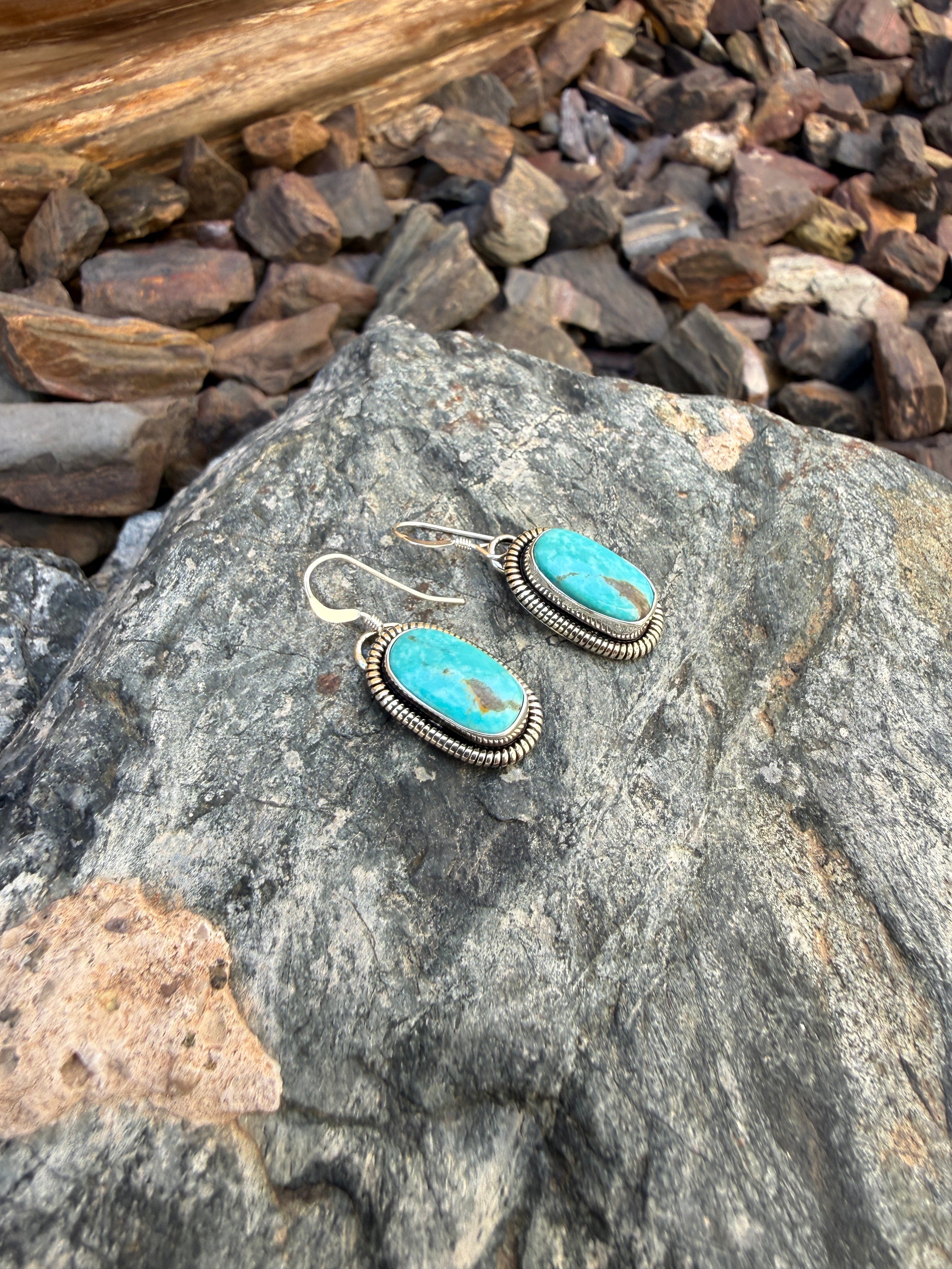 Handmade Sterling Silver Kingman Turquoise Earrings with Coil Detail