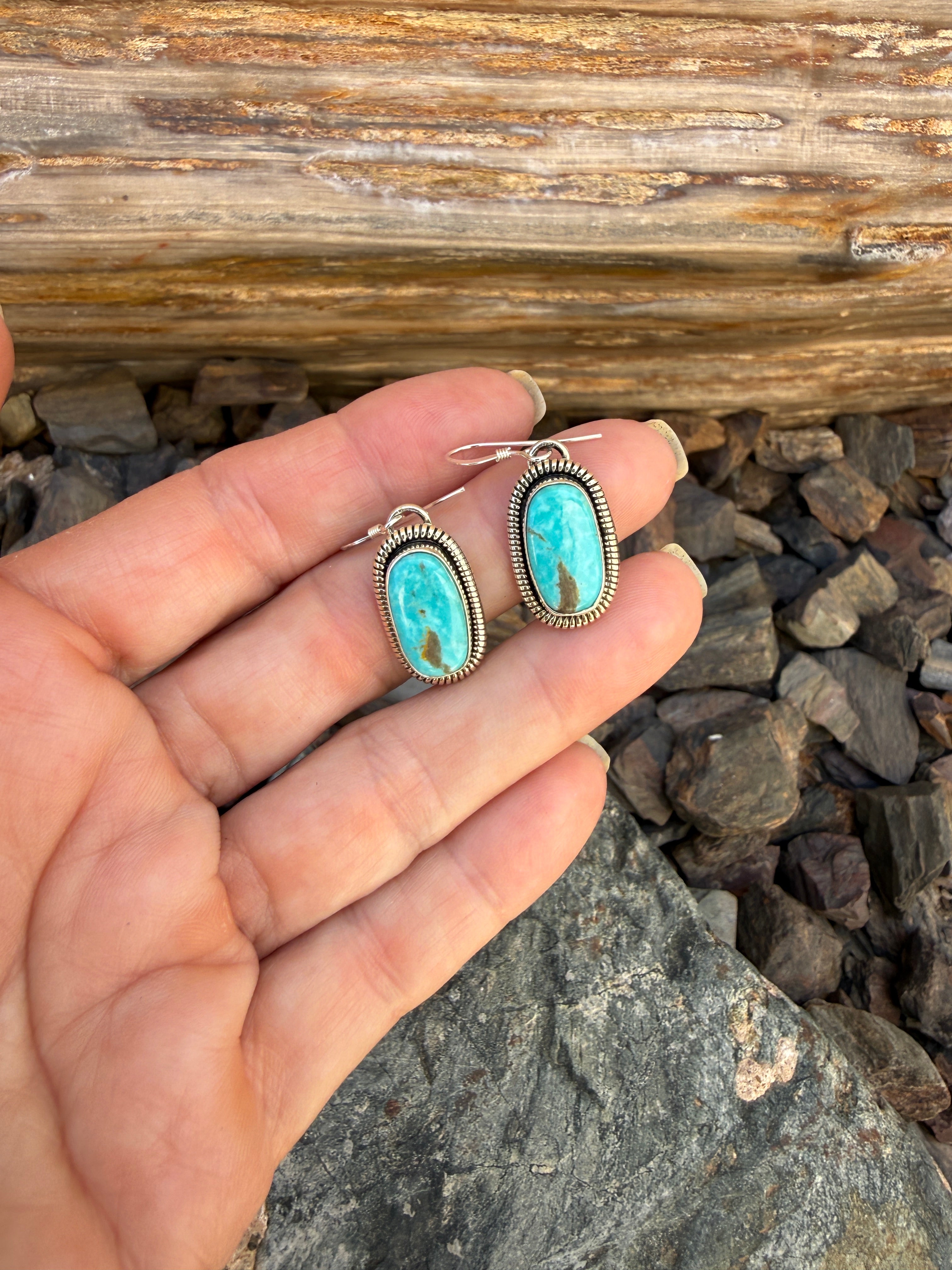 Handmade Sterling Silver Kingman Turquoise Earrings with Coil Detail