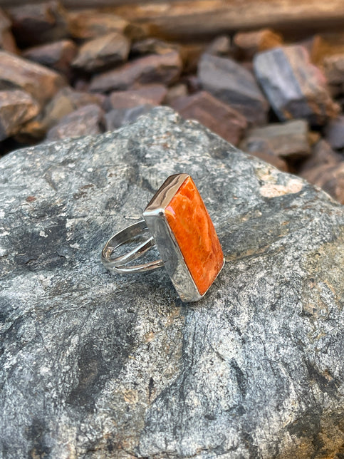 Handmade Sterling Silver Plain Bezel Orange Apple Coral Ring - Size 6 1/2