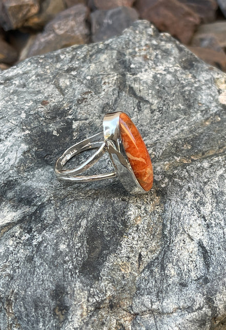 Handmade Sterling Silver Oval Orange Apple Coral Ring - Size 9