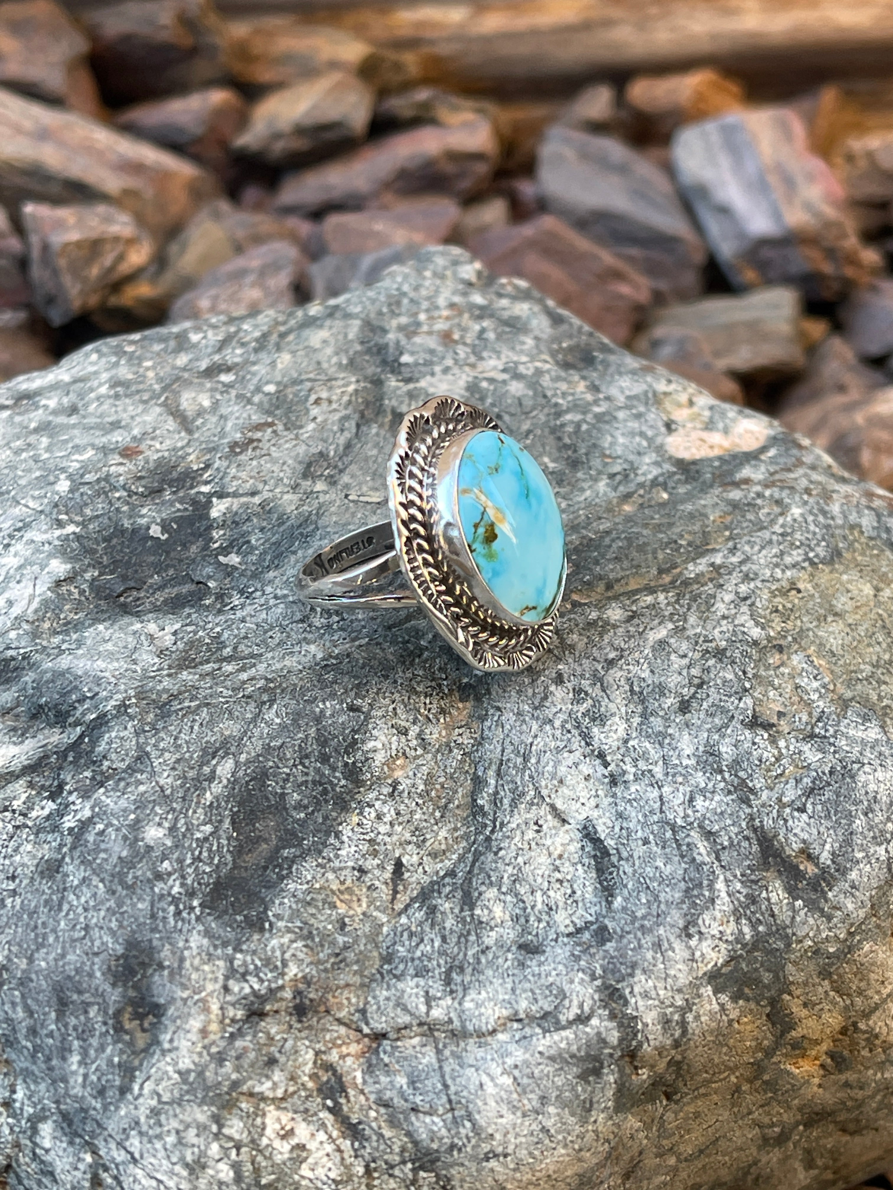 Handmade Solid Sterling Silver Turquoise Mountain Ring with Stamp Trim - Size 7