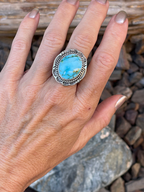 Handmade Solid Sterling Silver Turquoise Mountain Ring with Stamp Trim - Size 7