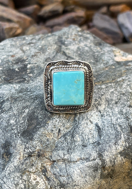 Handmade Sterling Silver Square Cut Kingman Turquoise Ring with Stamp Trim - Size 8