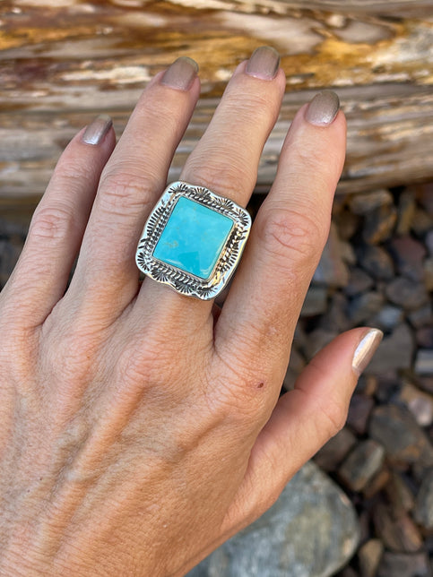 Handmade Sterling Silver Square Cut Kingman Turquoise Ring with Stamp Trim - Size 8