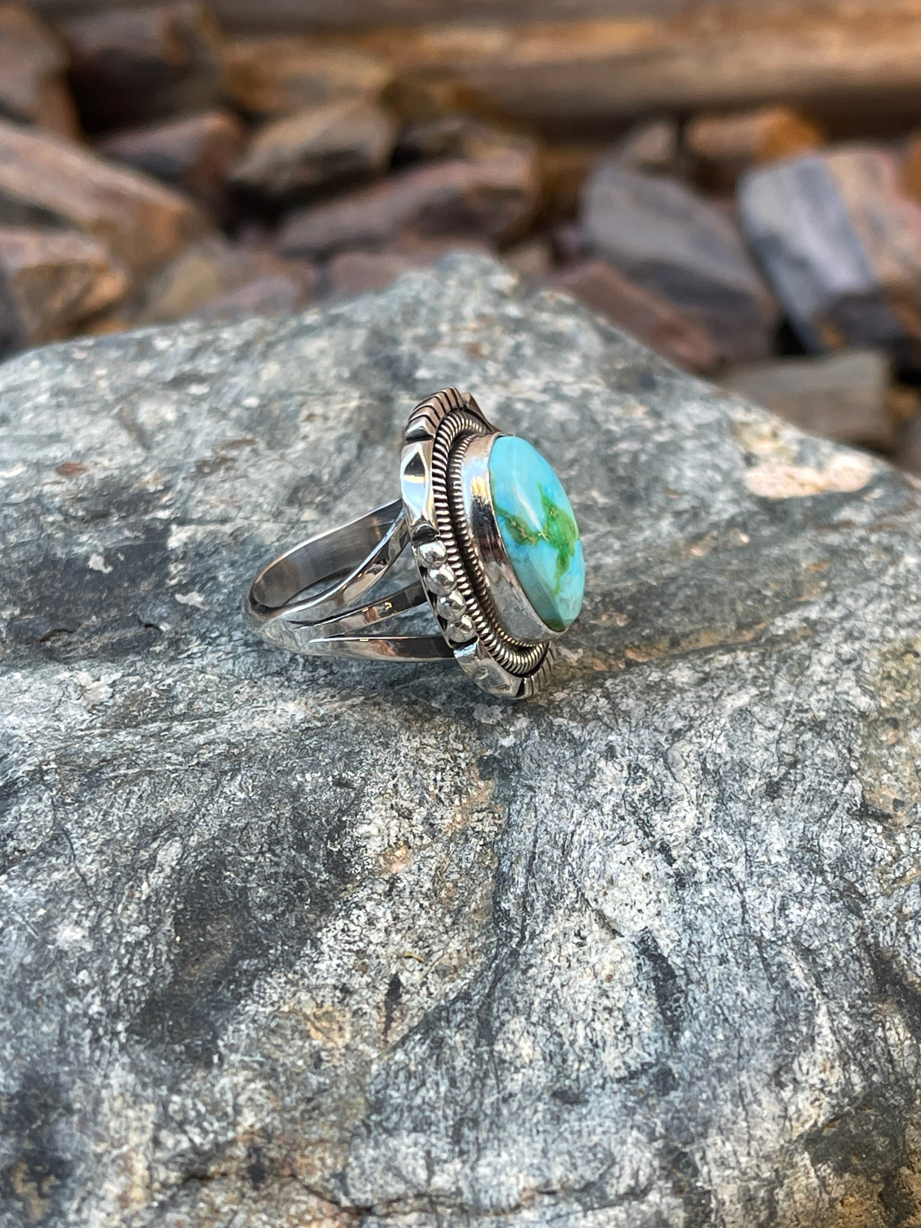 Handmade Solid Sterling Silver Sonoran Gold Turquoise Ring with Coil Detail - Size 7