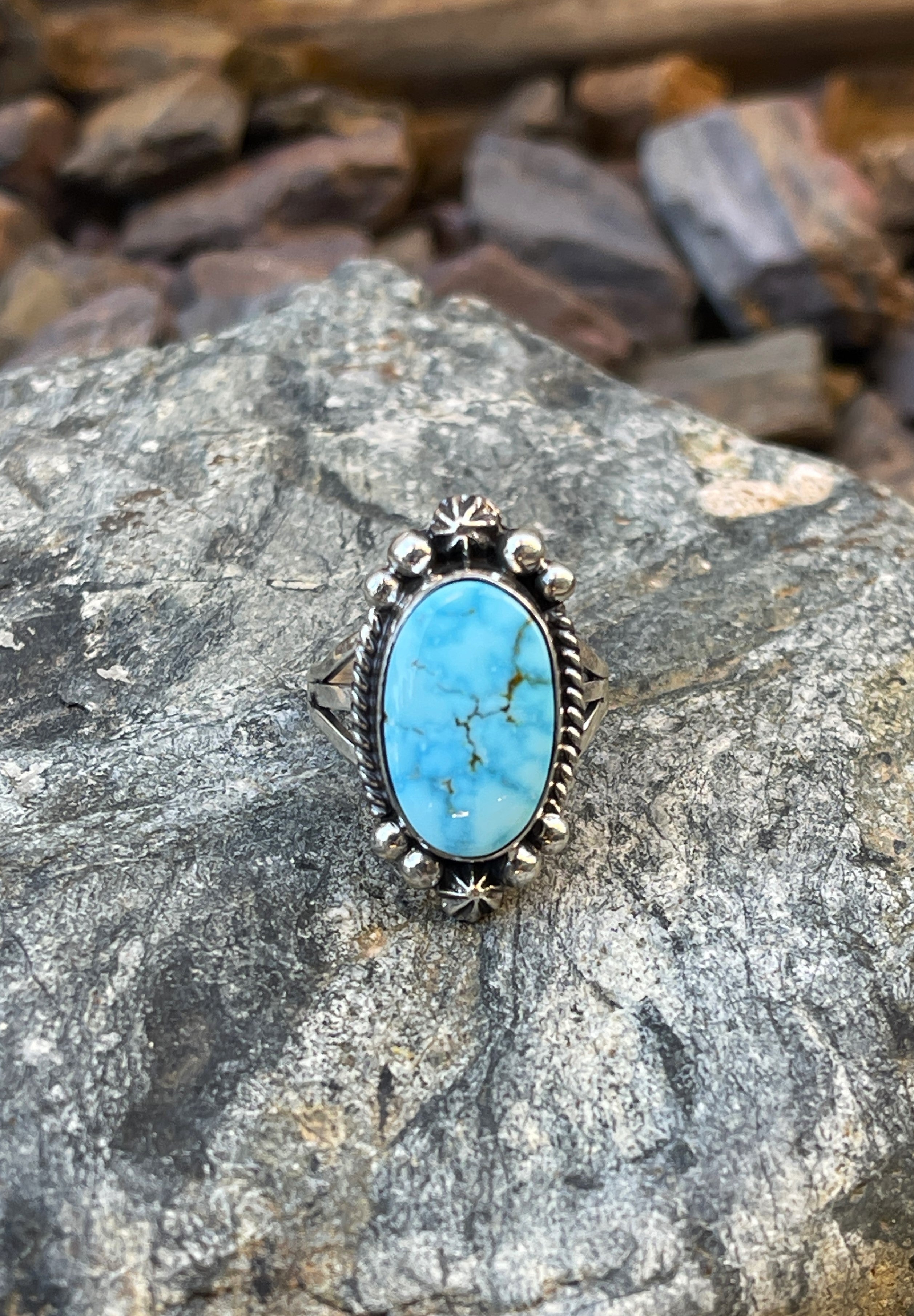Handmade Solid Sterling Silver Turquoise Mountain Ring with Stamp Beads - Size 6 1/2