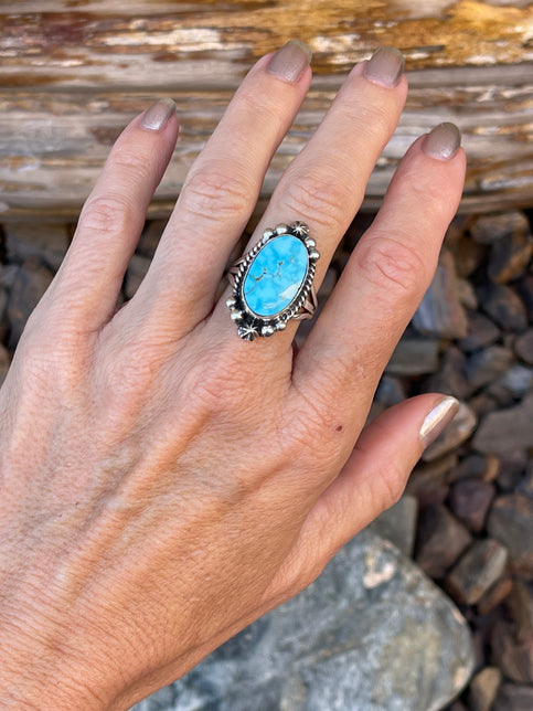 Handmade Solid Sterling Silver Turquoise Mountain Ring with Stamp Beads - Size 6 1/2