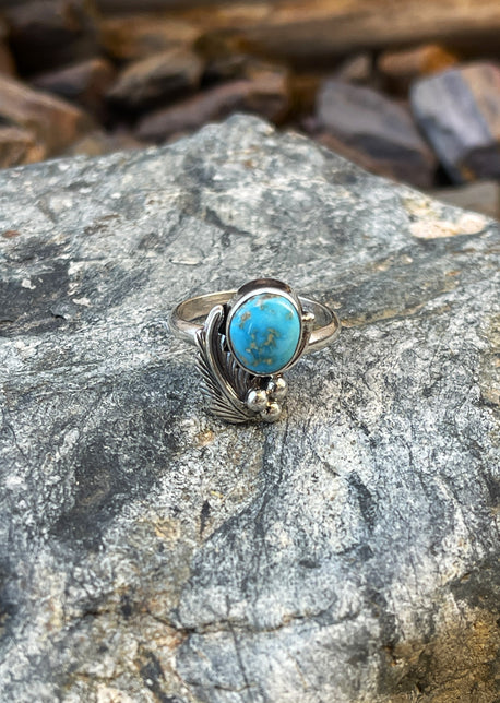 Dainty Handmade Sterling Silver Turquoise Mountain Ring with Feather Detail - Size 9