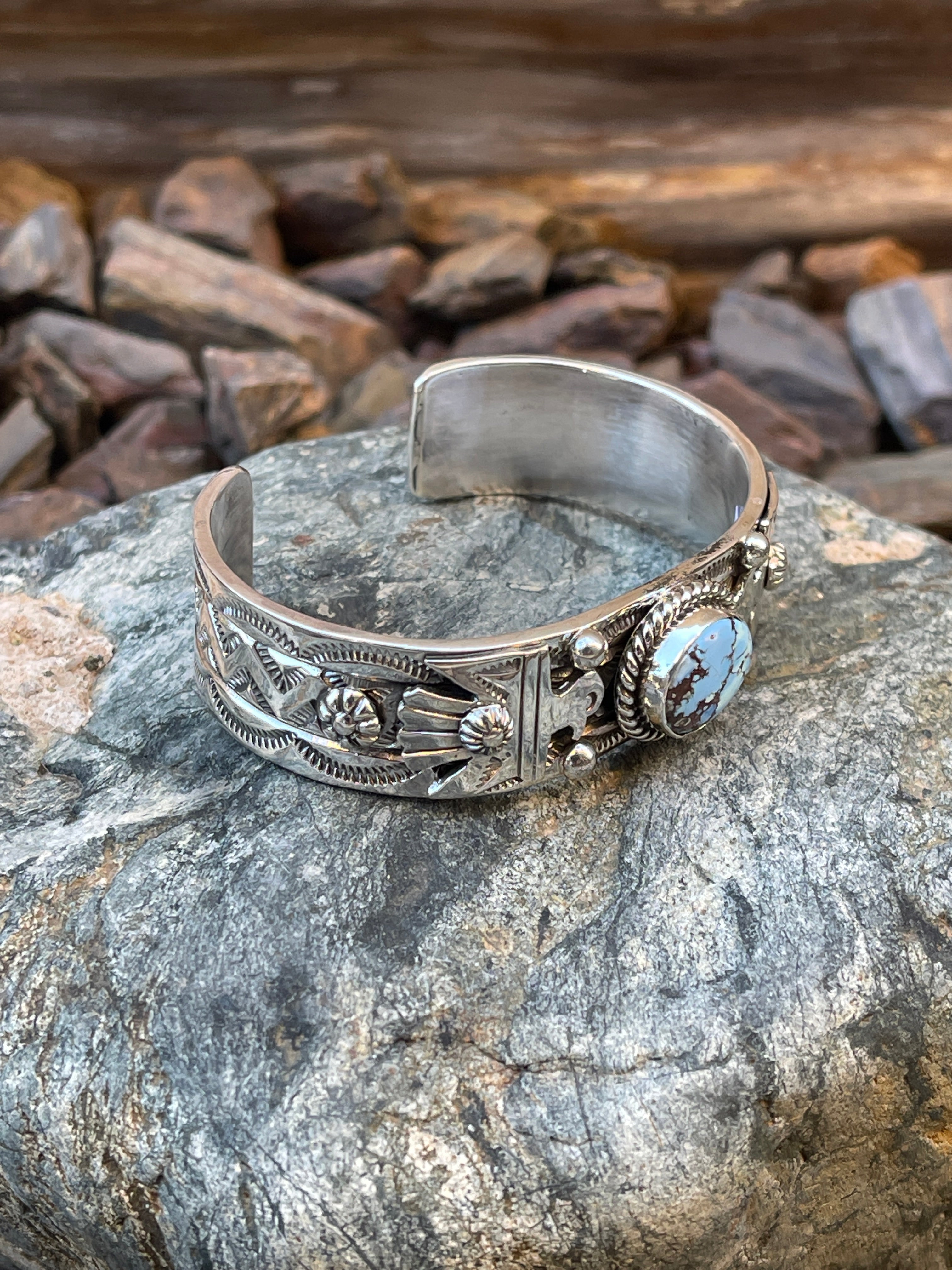 Heavy Gauge Handmade Solid Sterling Silver Golden Hill Turquoise Bracelet with Thunderbird Detail