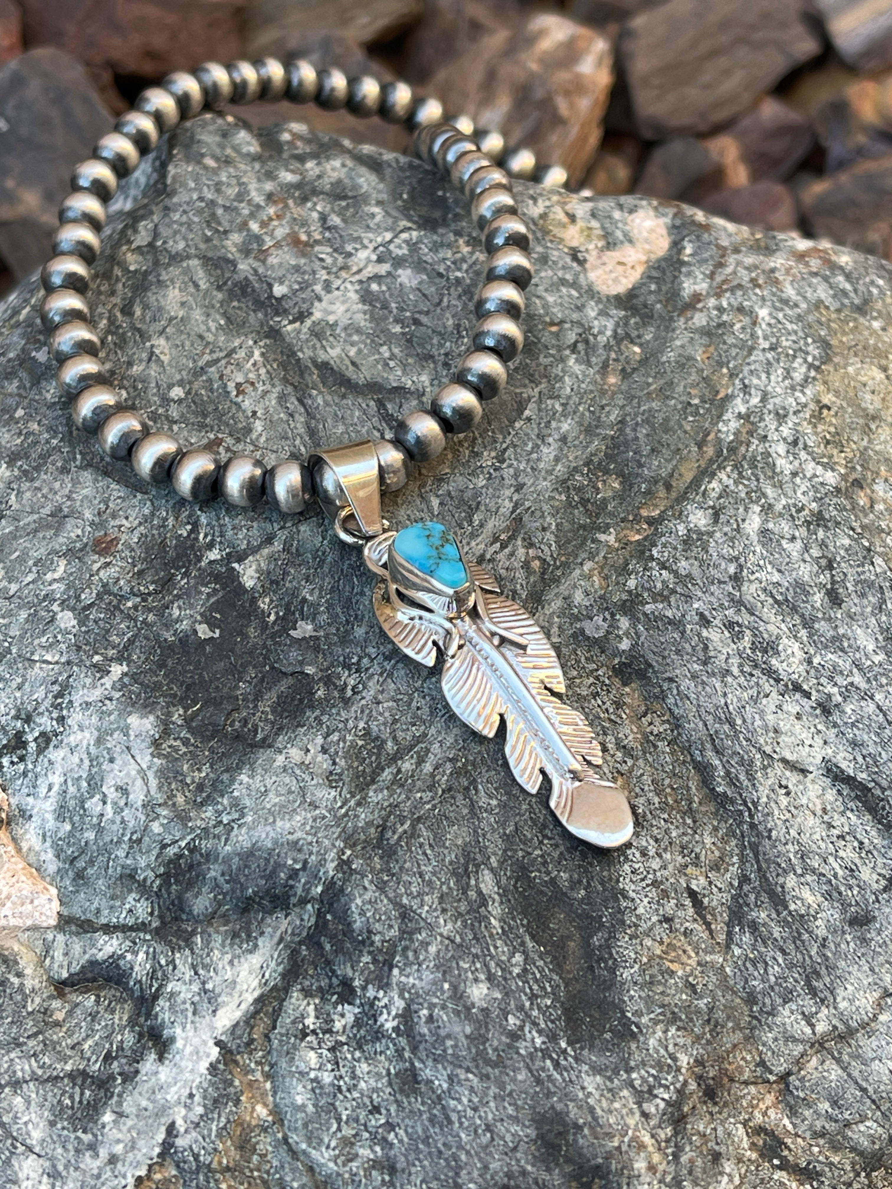 Medium Size Hand Crafted Turquoise Mountain Turquoise Feather Pendant