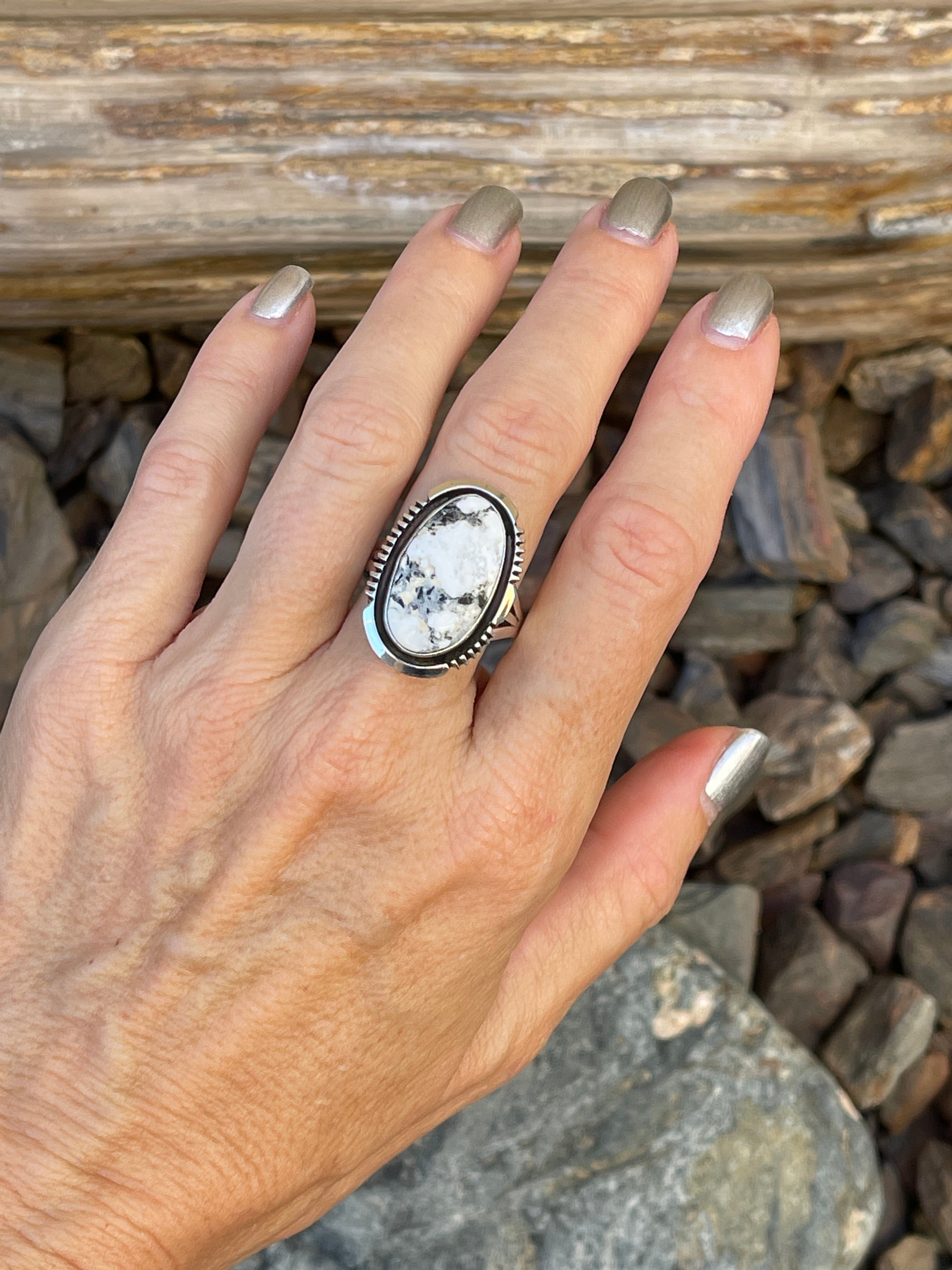 Hand Crafted Solid Sterling White Buffalo Ring with Shadow Box Trim- Size 10