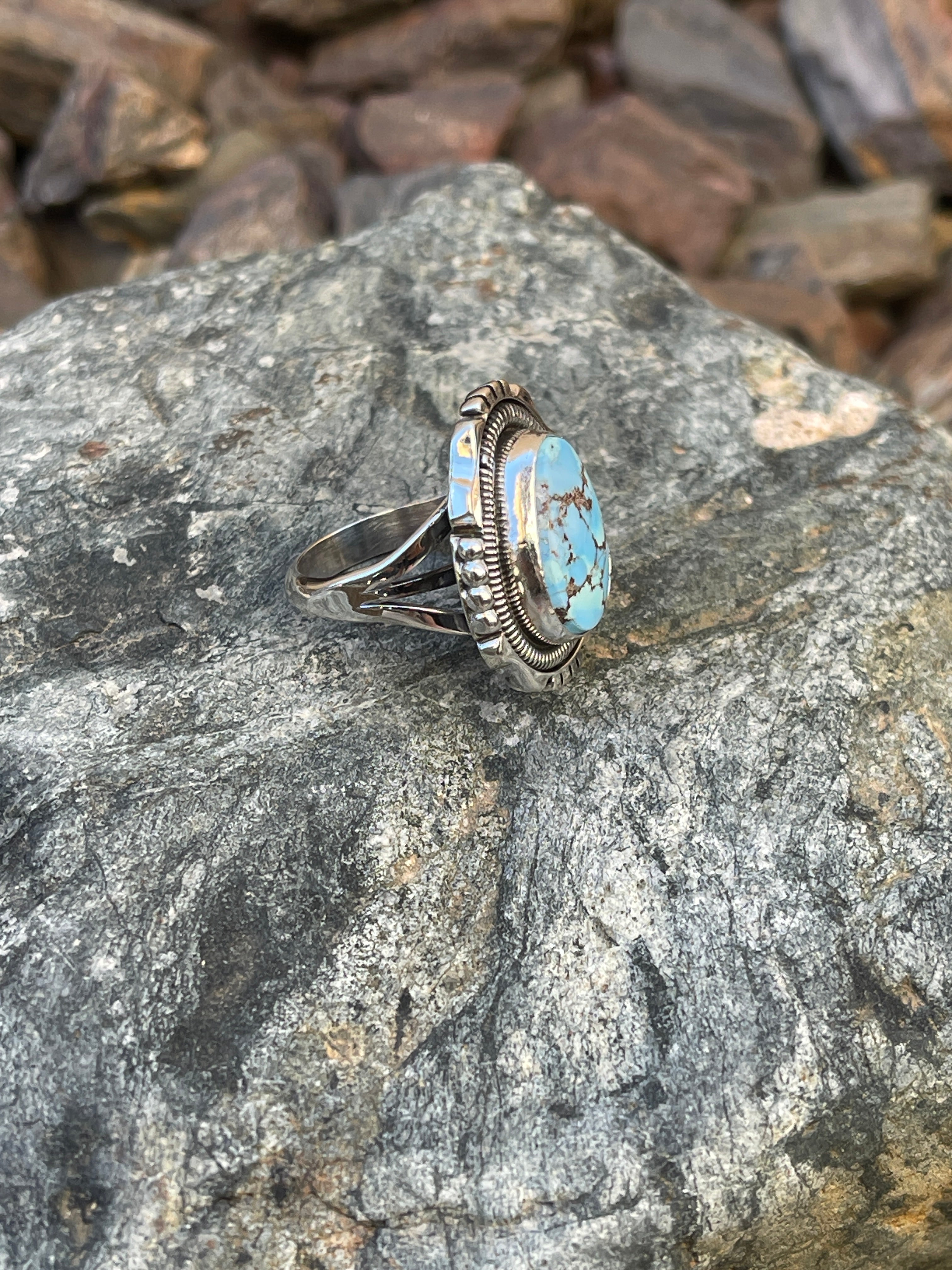 Handmade Solid Sterling Golden Hill Turquoise Ring with Coil and Bead Detail - Size 7 1/2