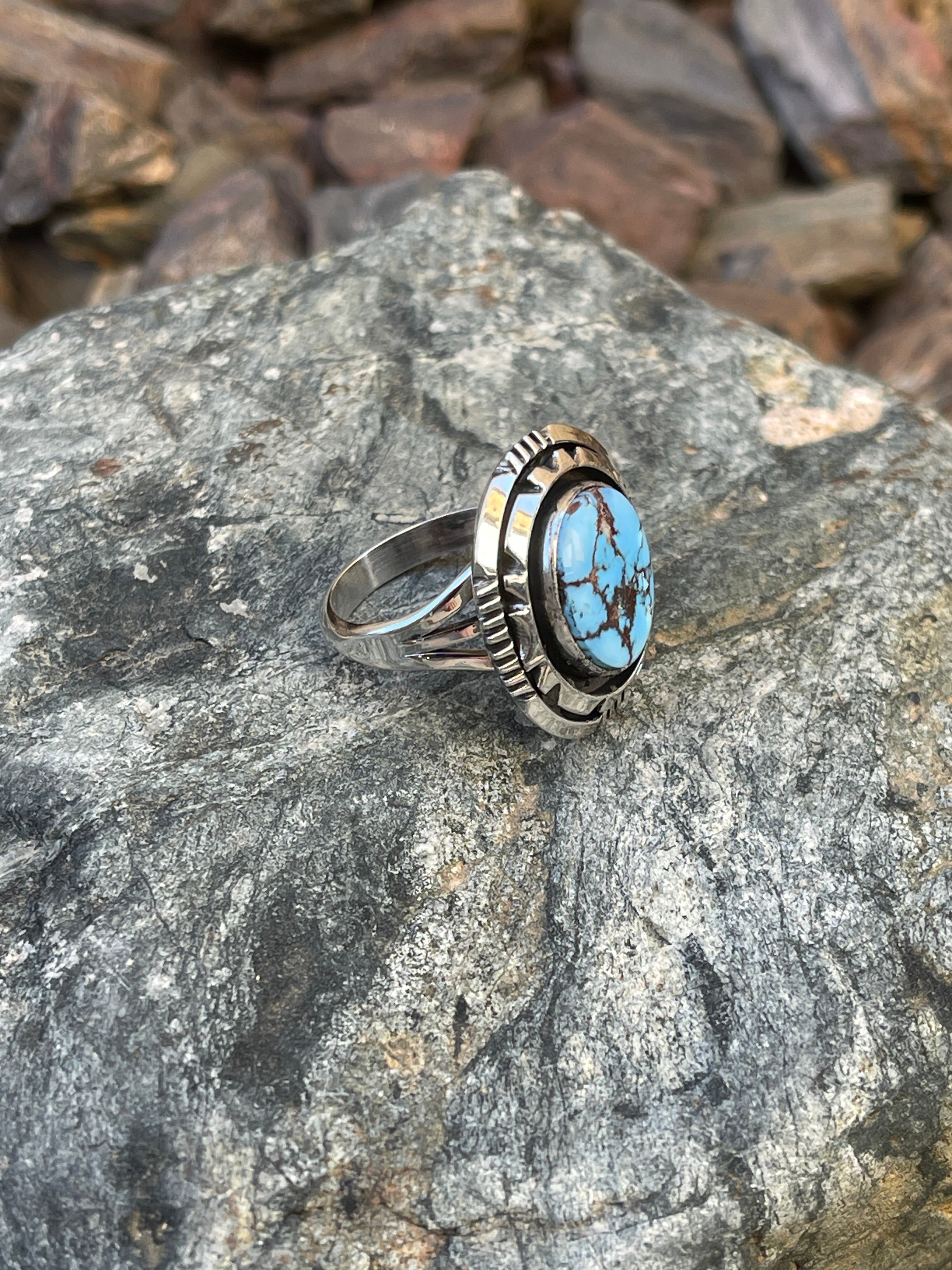 Handmade Solid Sterling Golden Hill Turquoise Ring with Coil and Bead Detail - Size 8 1/2