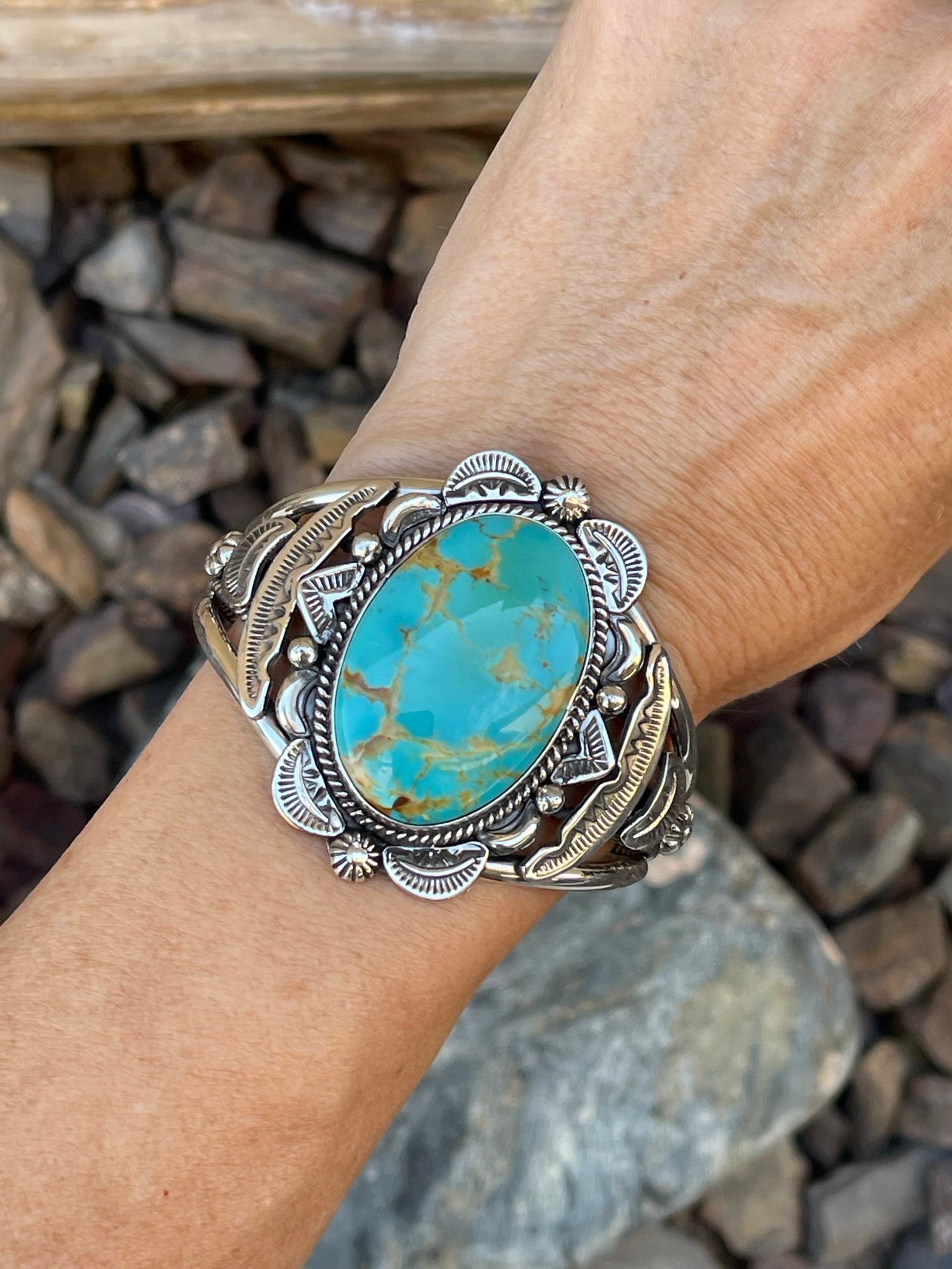 Handmade Solid Sterling Silver Royston Turquoise Bracelet with Stamp Detail