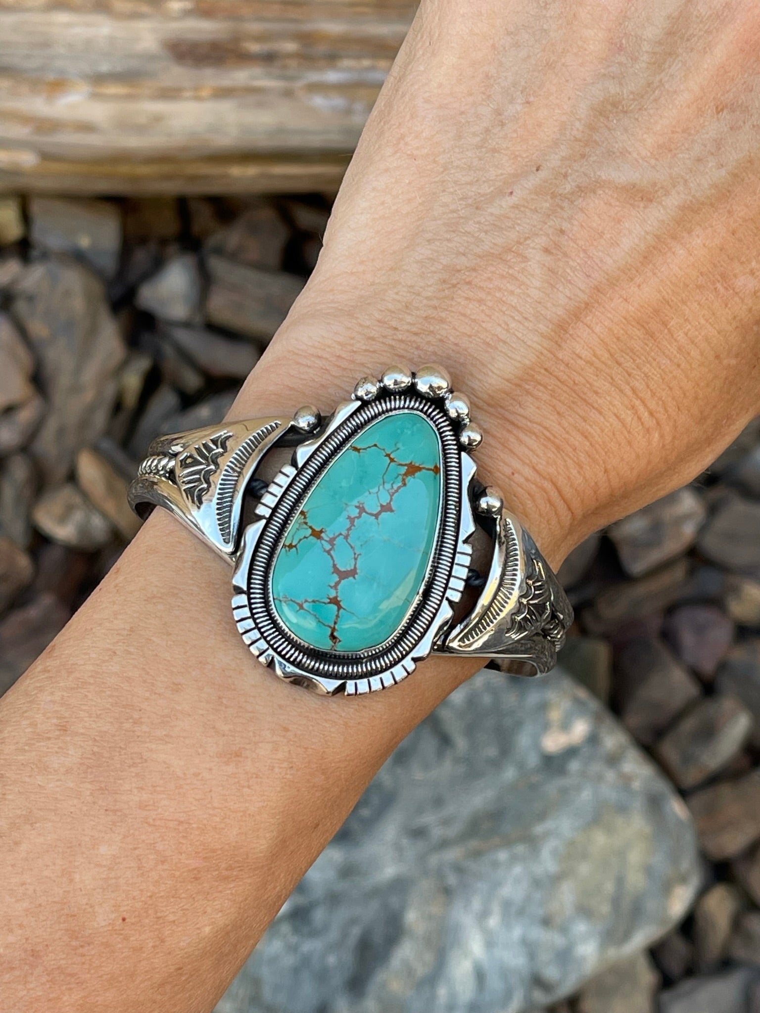 Hand Crafted Solid Sterling Silver Royston Turquoise Bracelet with Coil Detail