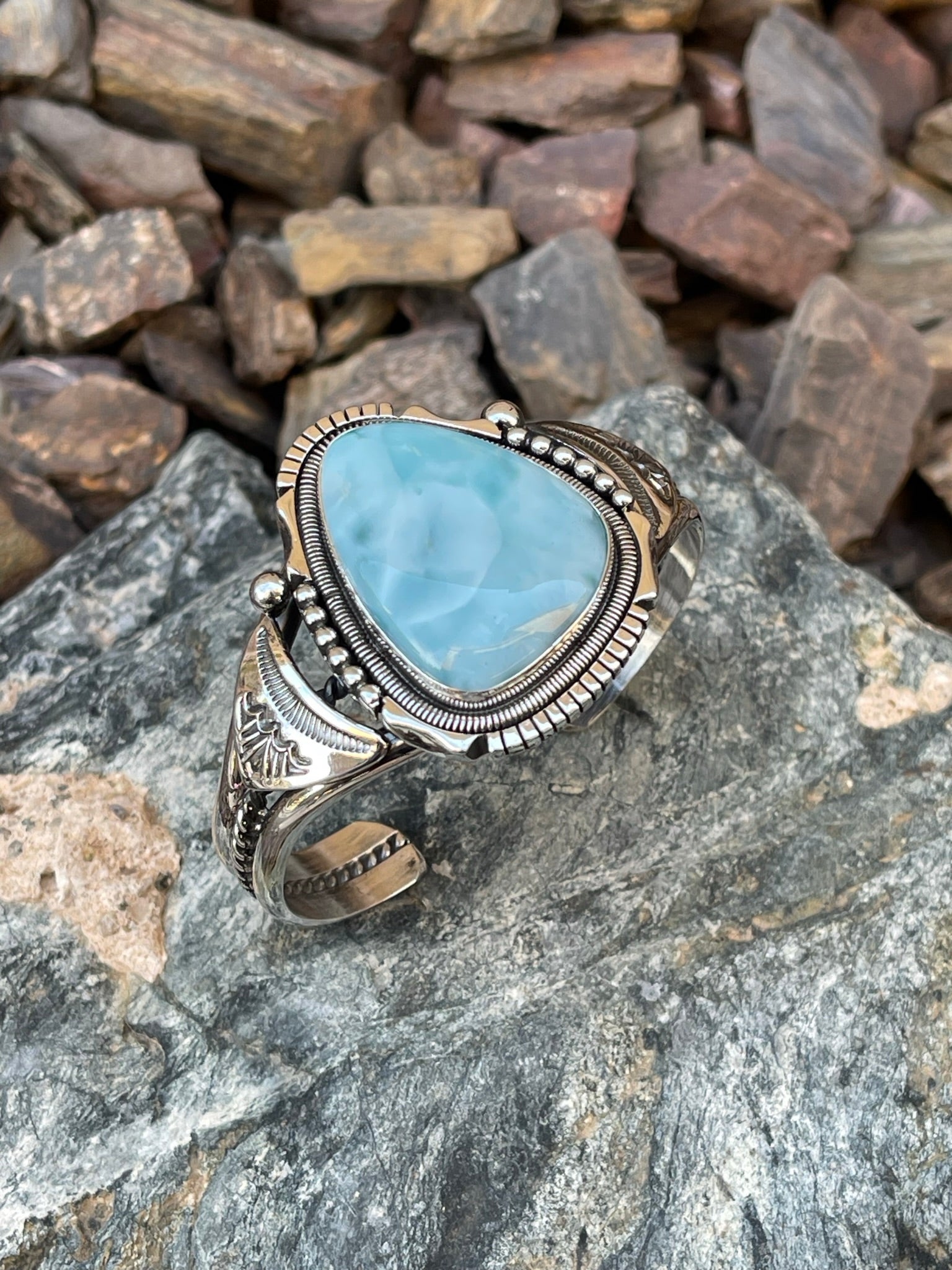 Handmade Solid Sterling Silver Larimar Bracelet with Coil and Bead Detail