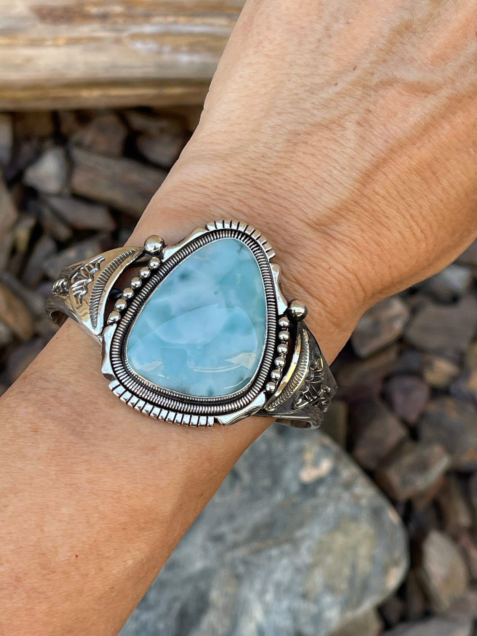 Handmade Solid Sterling Silver Larimar Bracelet with Coil and Bead Detail