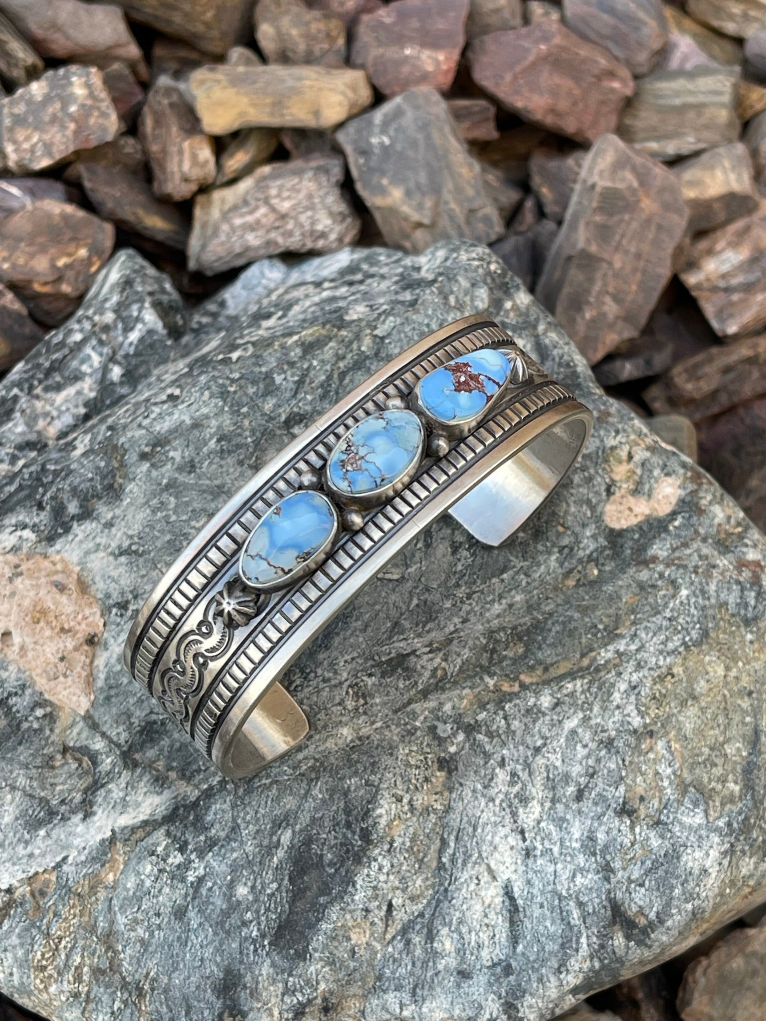 Handmade Heavy Gauge Solid Sterling Silver Three Stone Golden Hill Turquoise Bracelet