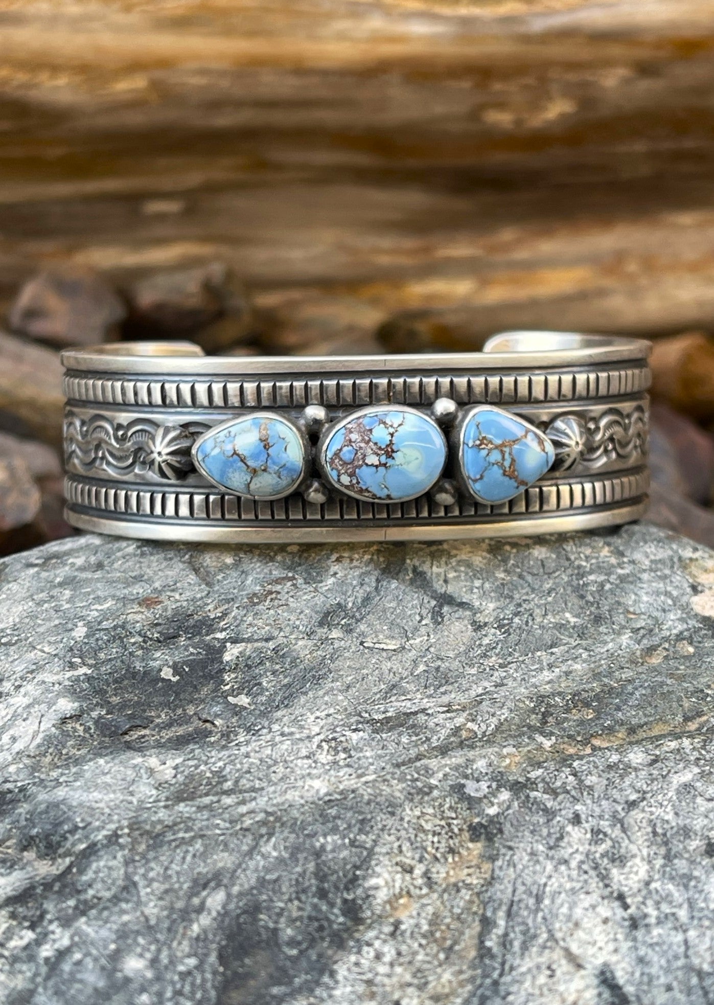 Hand Crafted Solid Sterling Silver Three Stone Golden Hill Turquoise Bracelet