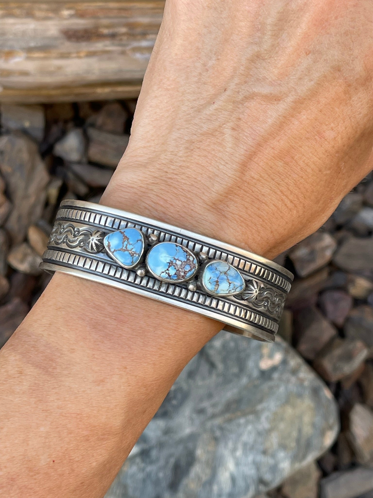 Hand Crafted Solid Sterling Silver Three Stone Golden Hill Turquoise Bracelet