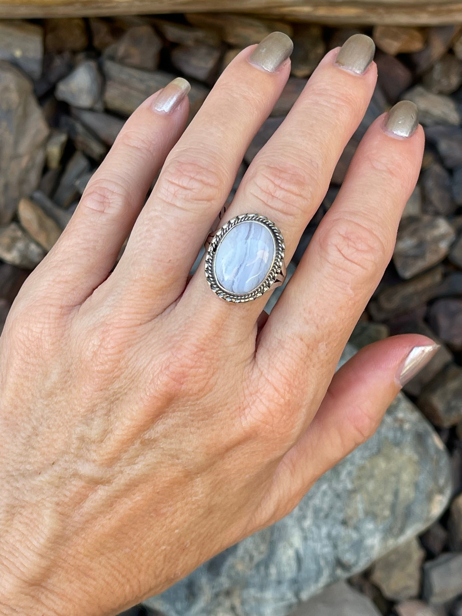 Handmade Solid Sterling Silver Blue Lace Agate Ring - Size 8
