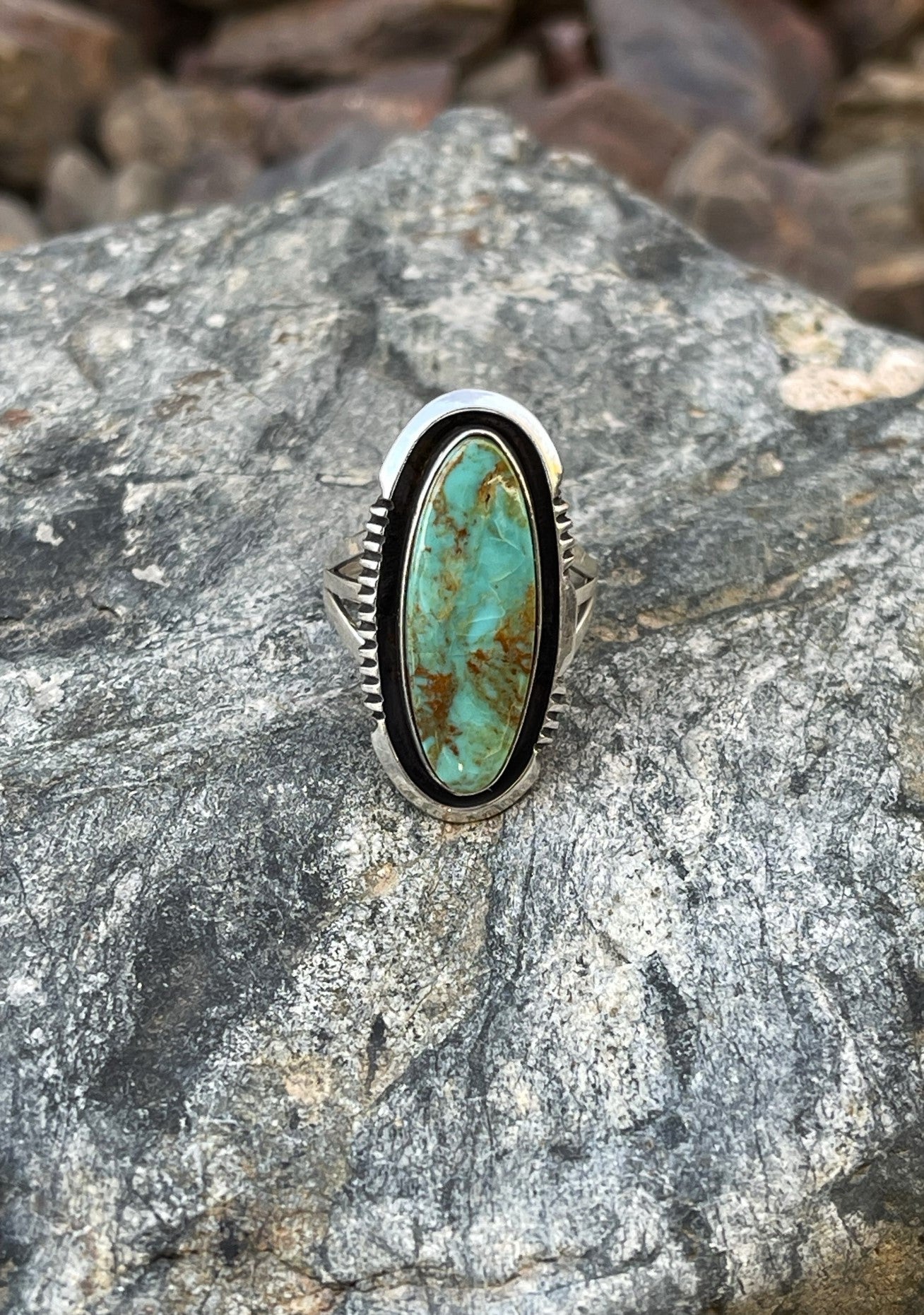 Handmade Solid Sterling Silver Oval Kingman Turquoise Ring with Shadow Box Trim - Size 5 1/2