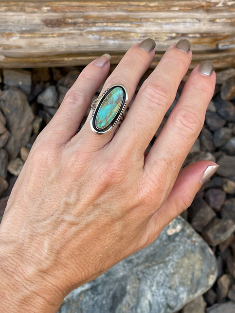 Handmade Solid Sterling Silver Oval Kingman Turquoise Ring with Shadow Box Trim - Size 5 1/2