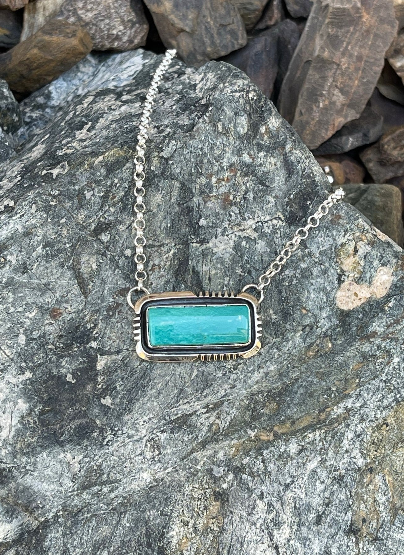 Small Signature Handmade Solid Sterling Silver Kingman Turquoise Bar Necklace