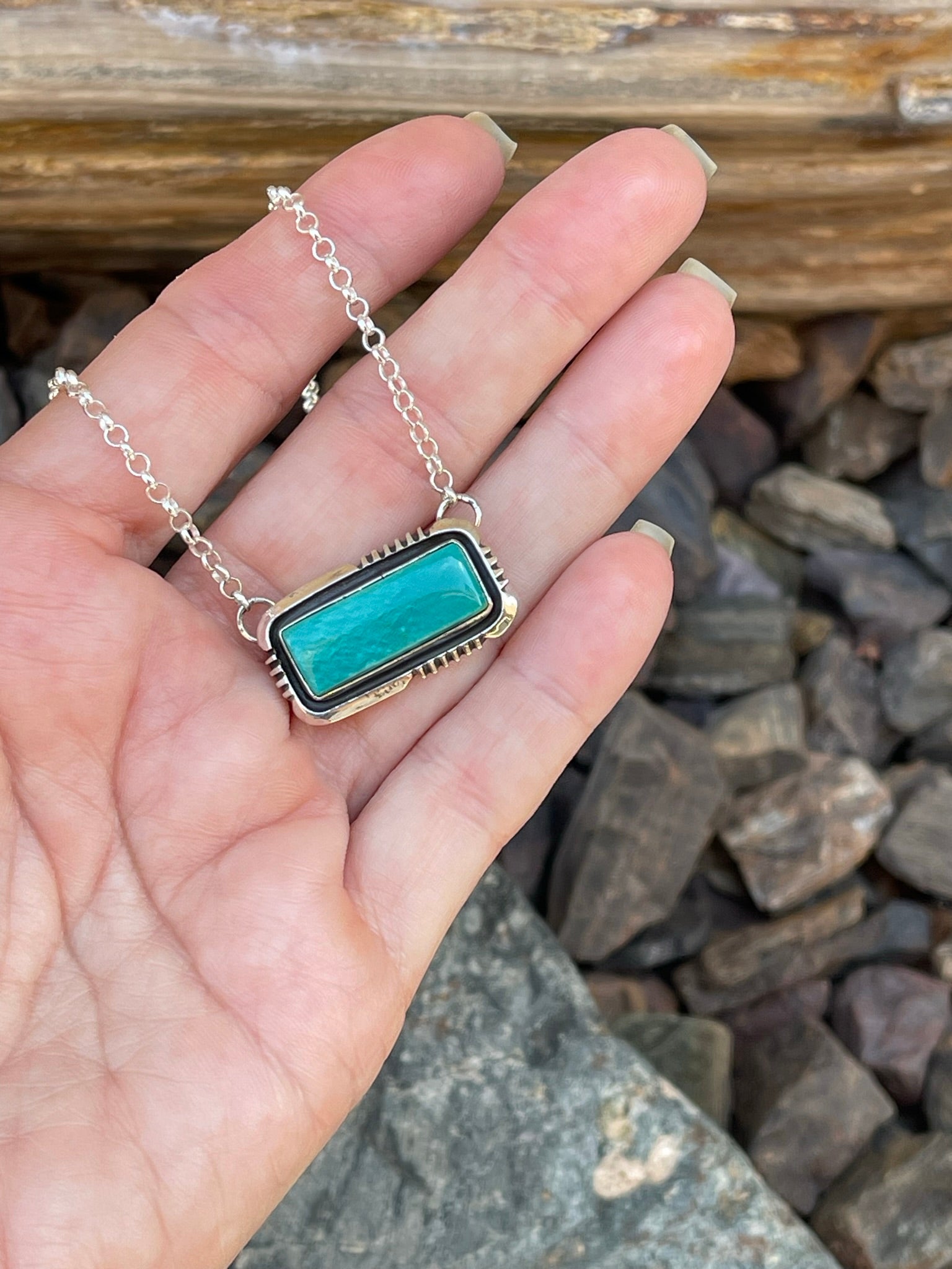 Small Signature Handmade Solid Sterling Silver Kingman Turquoise Bar Necklace