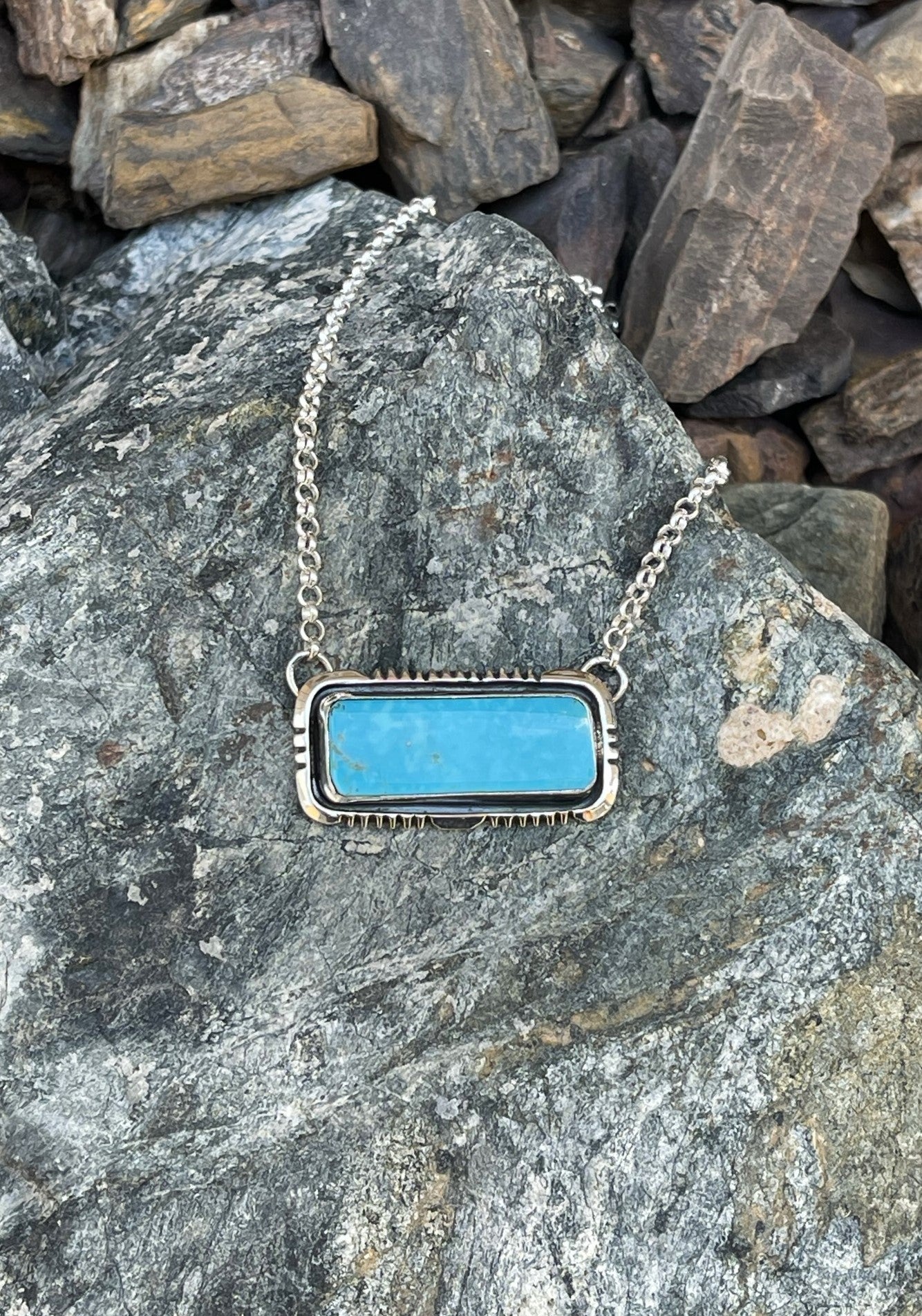 Signature Handmade Solid Sterling Silver Blue Kingman Turquoise Bar Necklace
