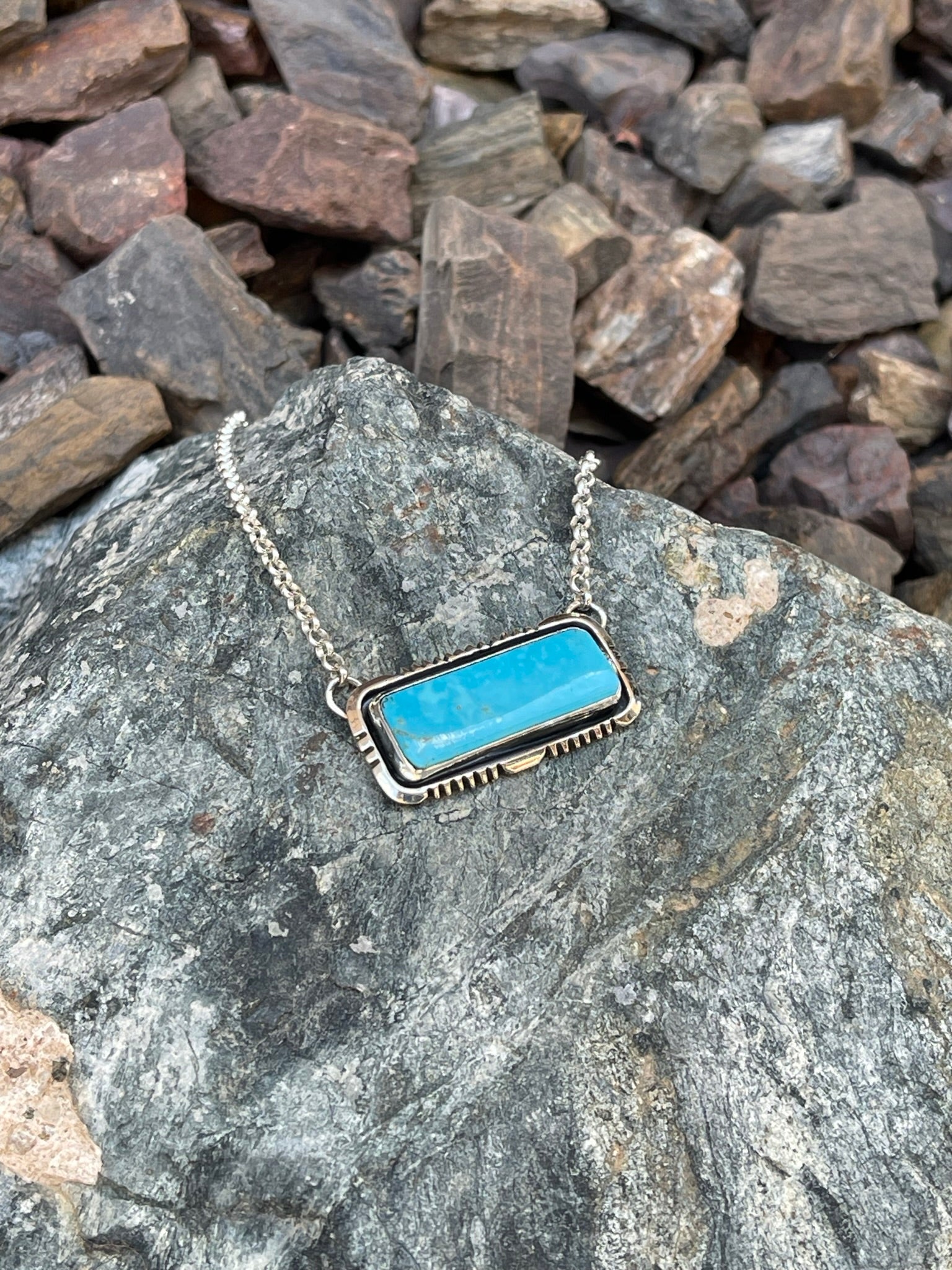 Signature Handmade Solid Sterling Silver Blue Kingman Turquoise Bar Necklace