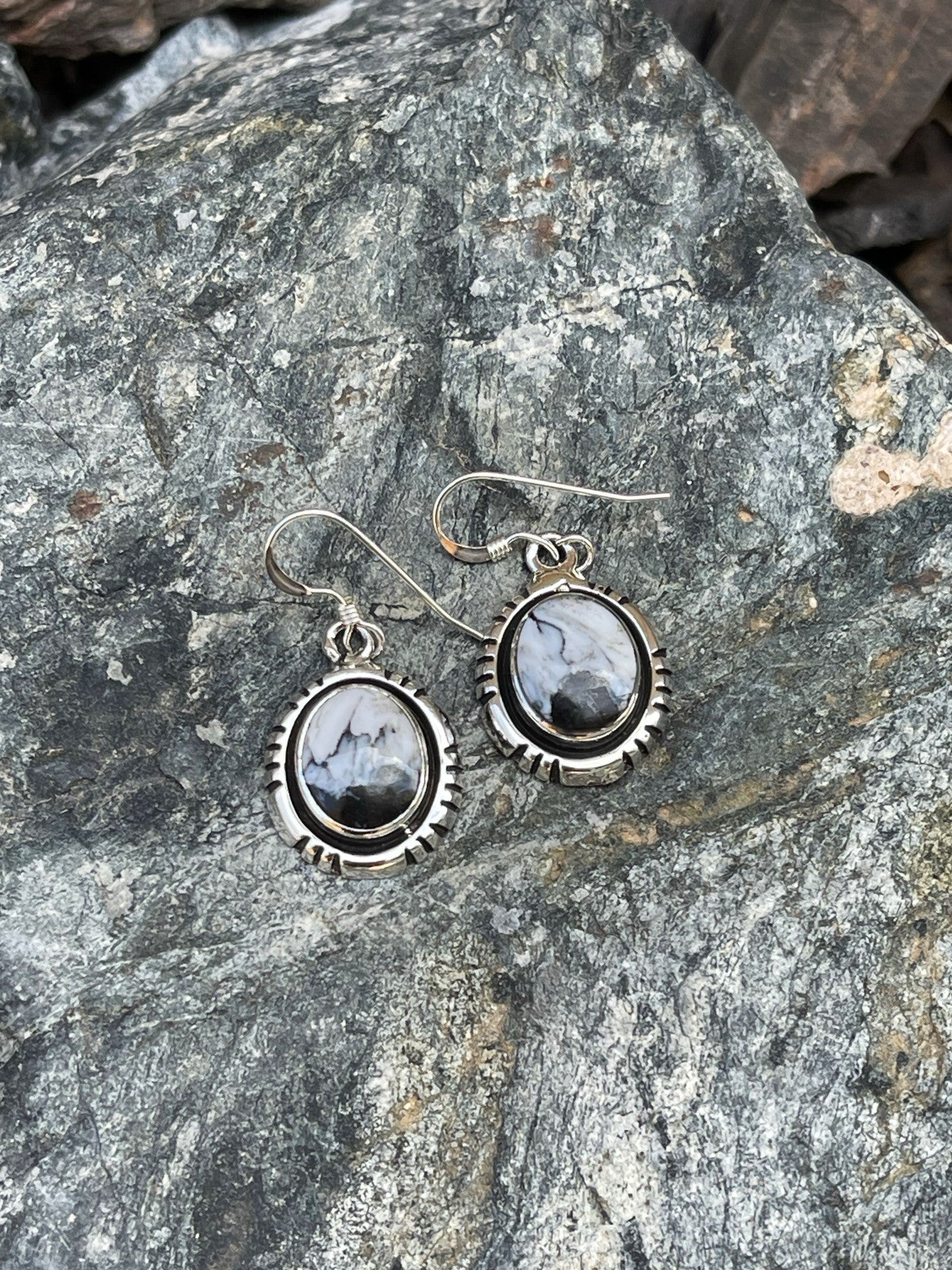 Small Hand Crafted Sterling Silver White Buffalo Dangle Earrings