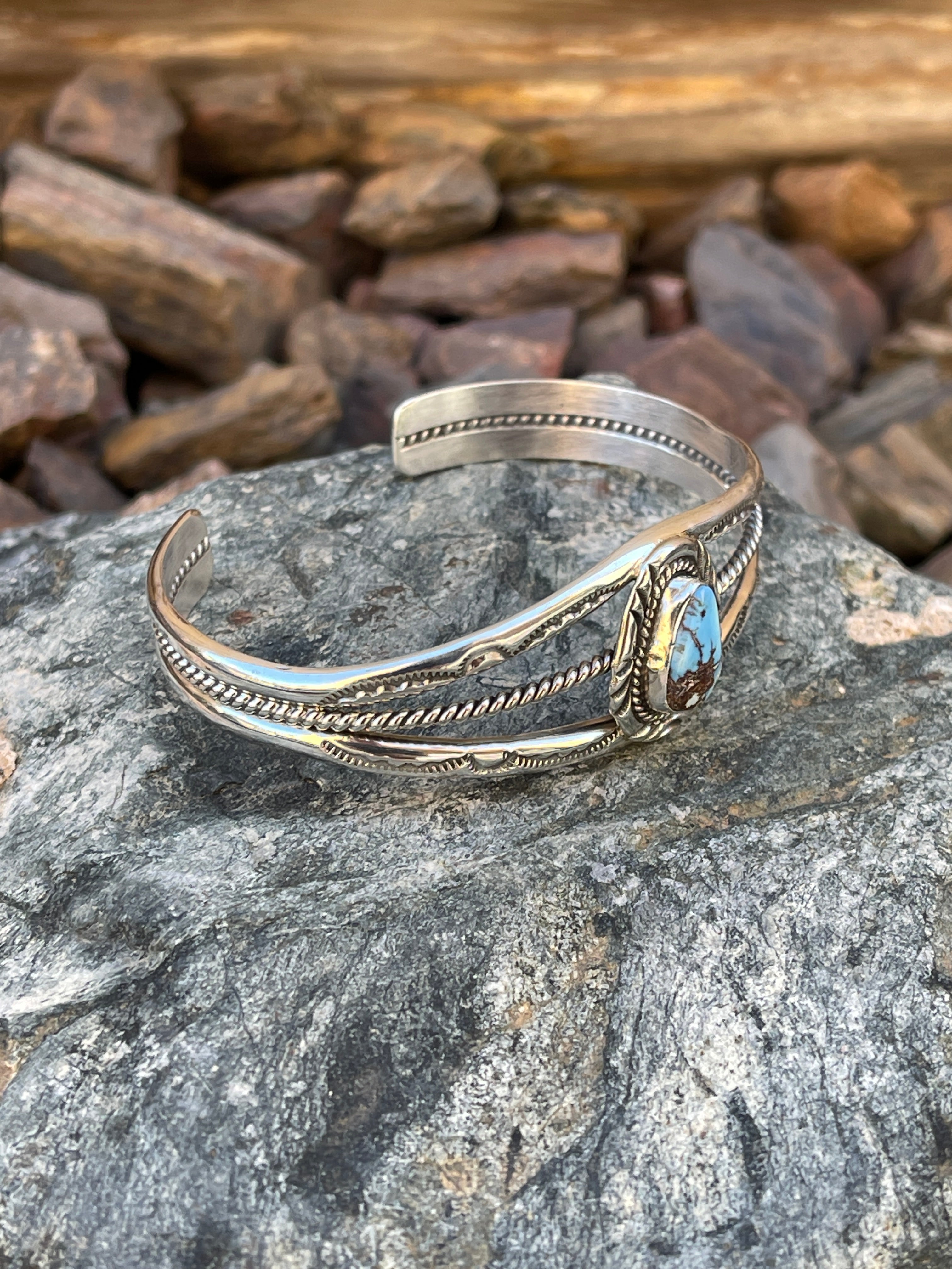 Handcrafted Solid Sterling Silver Golden Hill Turquoise Triple Wire Bracelet with Stamp Detail