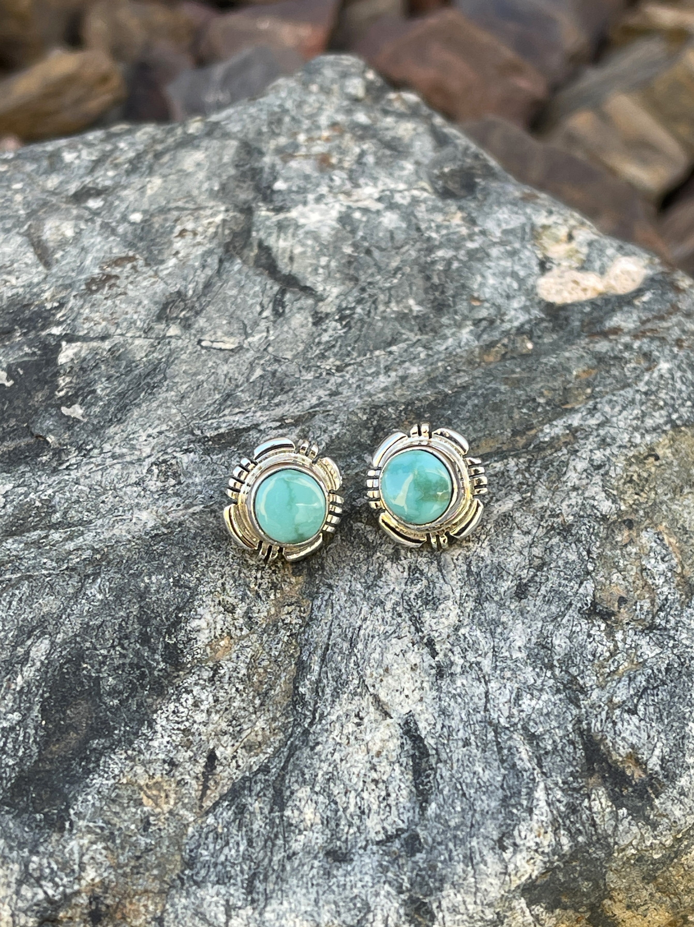 Small Round Hand Crafted Solid Sterling Silver Turquoise Mountain Turquoise Stud Earrings