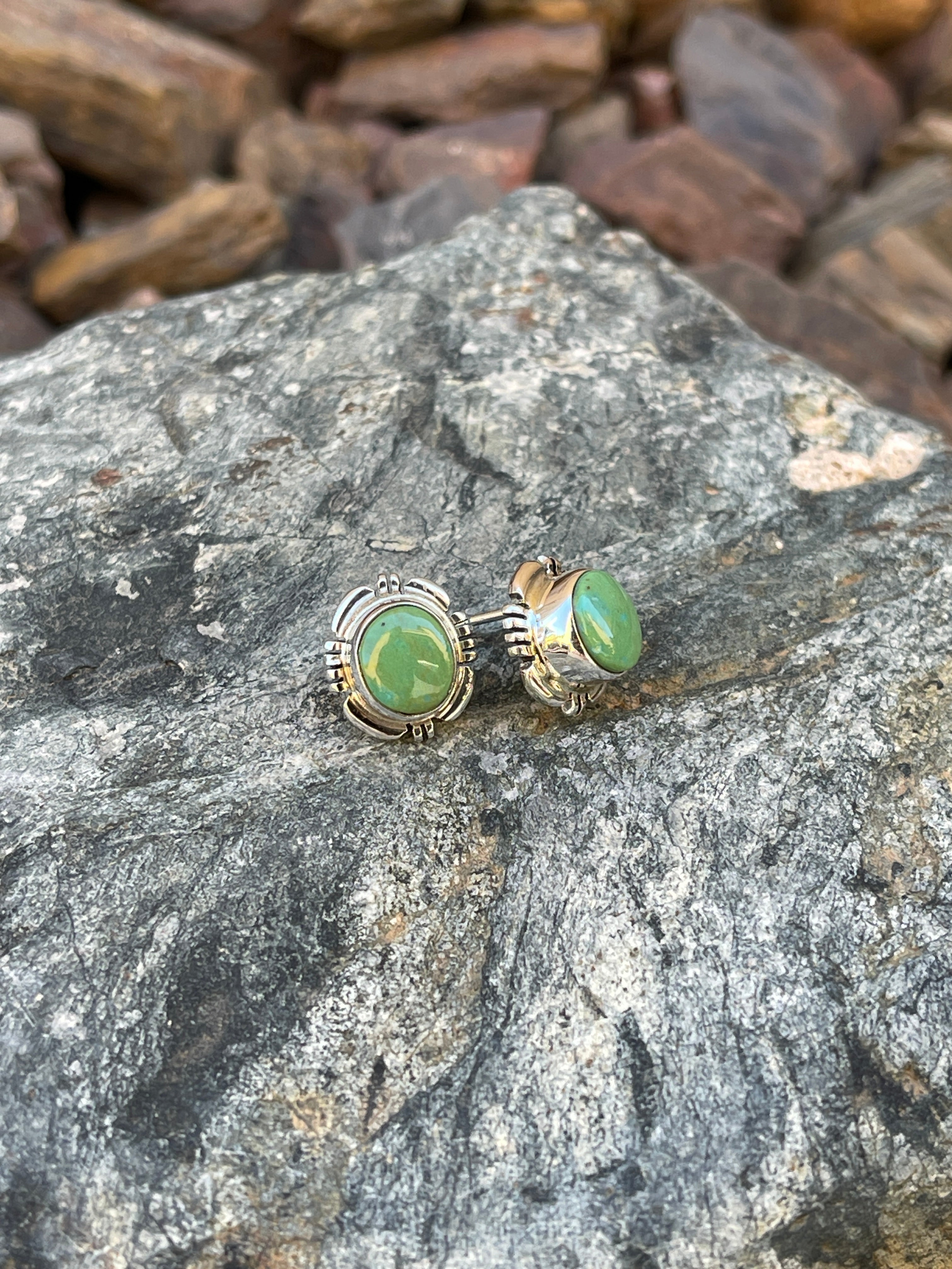 Dainty Handmade Sterling Silver Green Kingman Turquoise Stud Earrings
