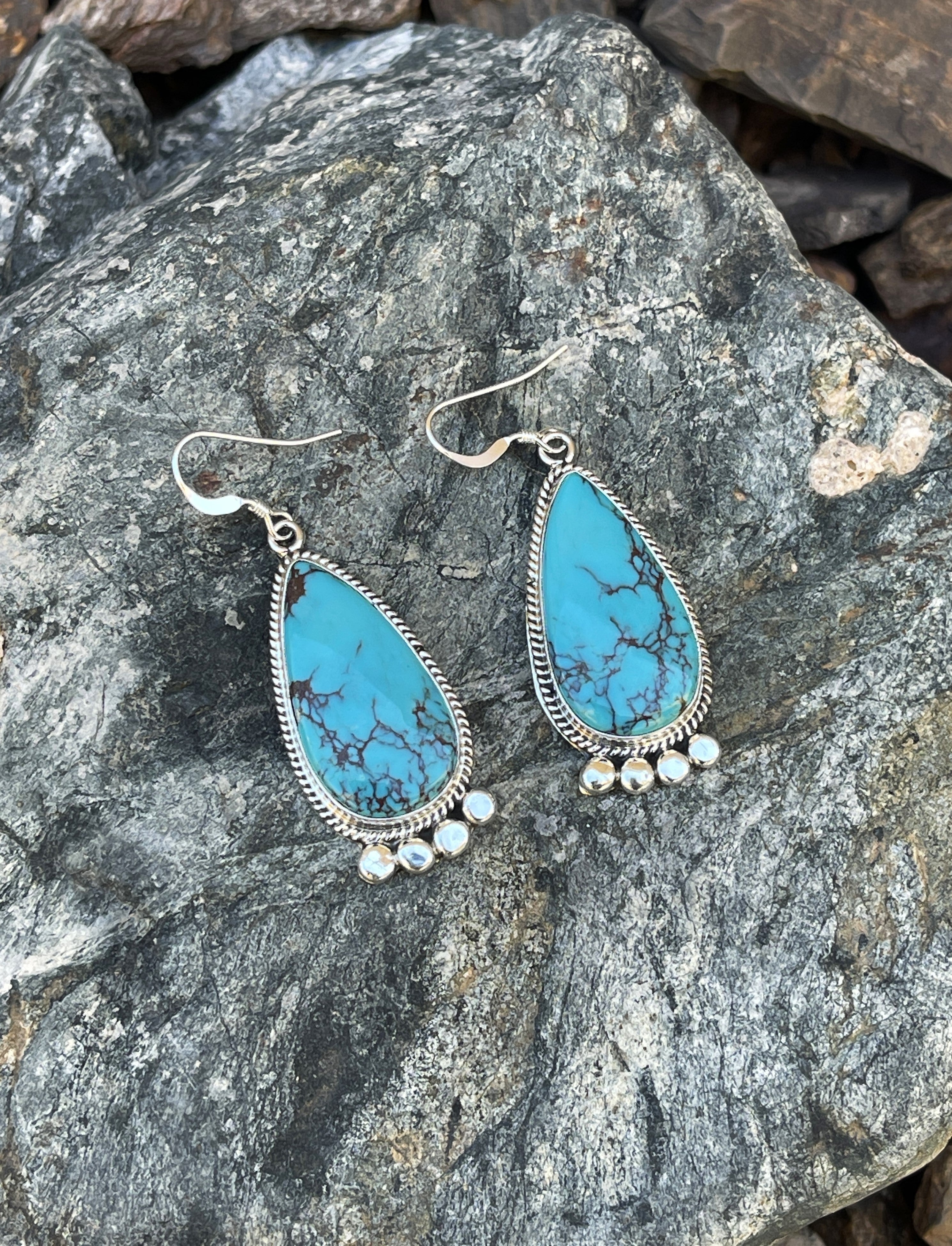 Handmade Solid Sterling Silver Kingman Turquoise Tear Drop Earrings with Stamp Bead