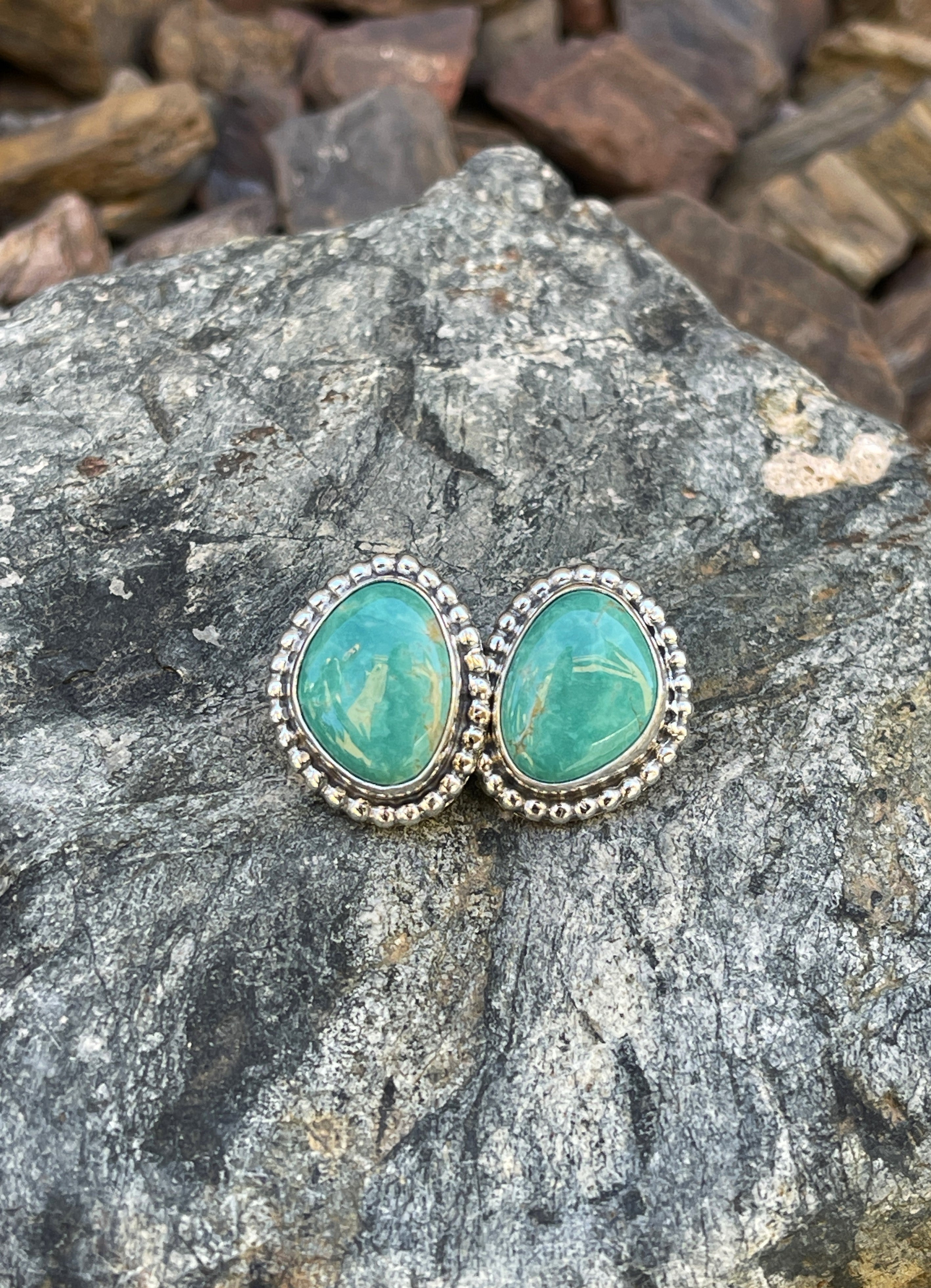Handmade Sterling Silver Kingman Turquoise Large Stud Earrings with Beaded Detail
