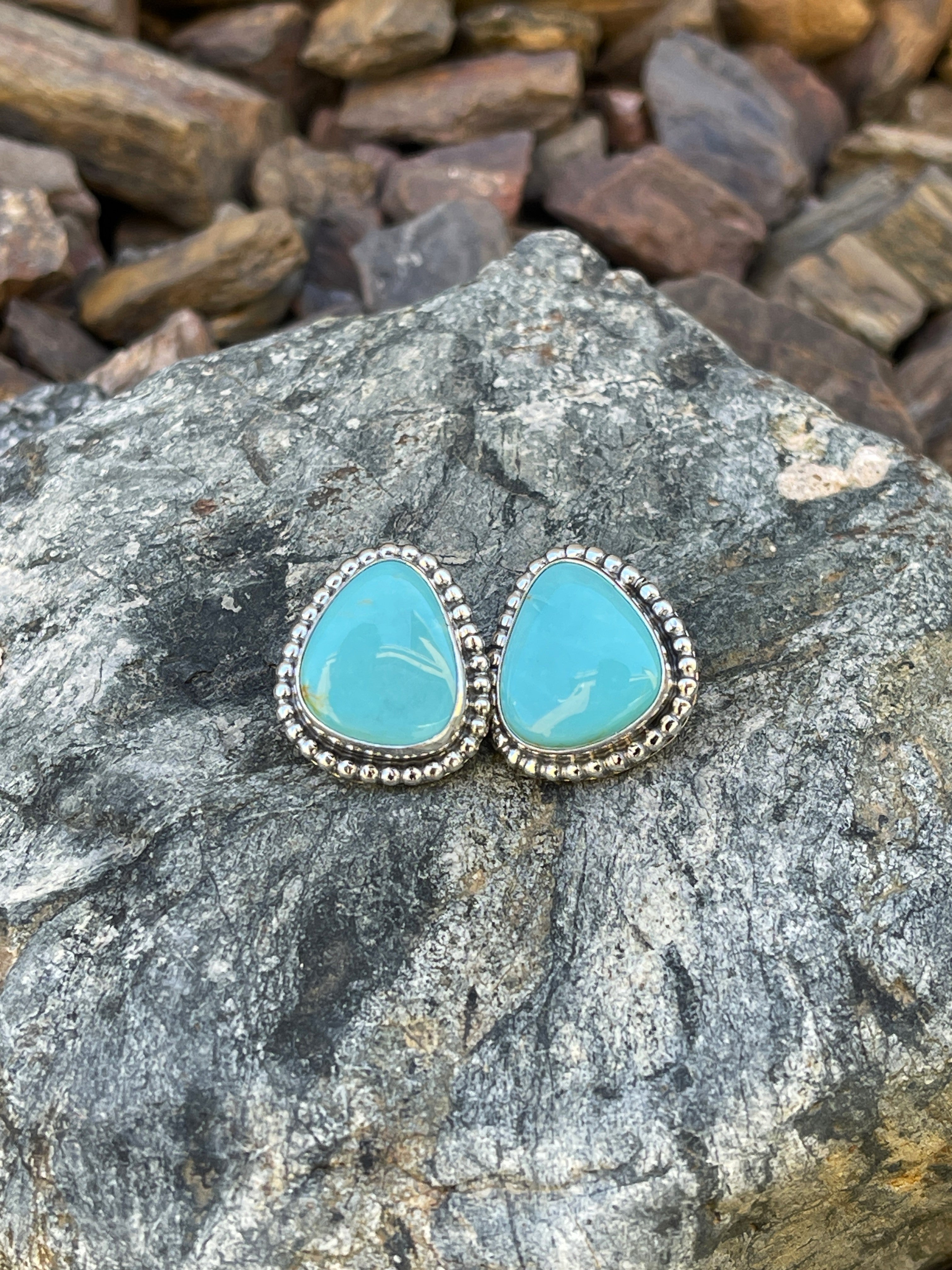 Sterling Silver Blue Kingman Turquoise Large Stud Earrings with Beaded Trim